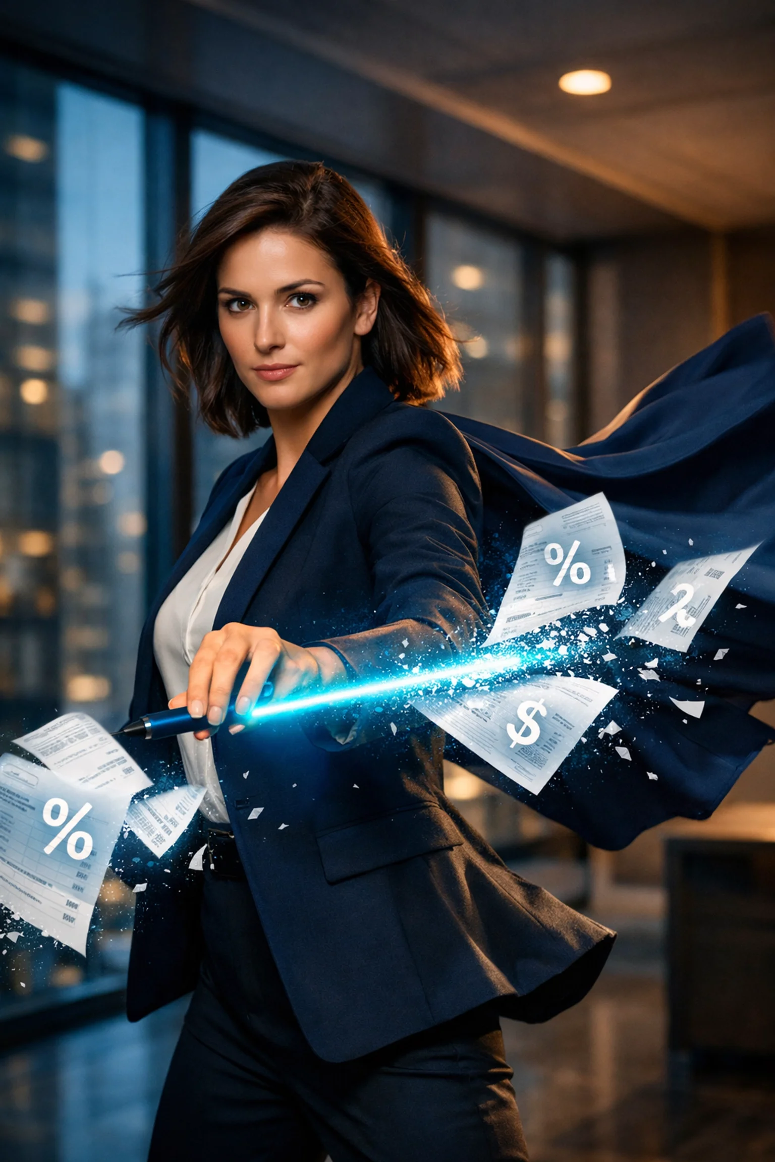 Professional woman in a blazer-cape performing a hidden credit card fees analysis to reduce credit card fees without switching processors for a medical practice