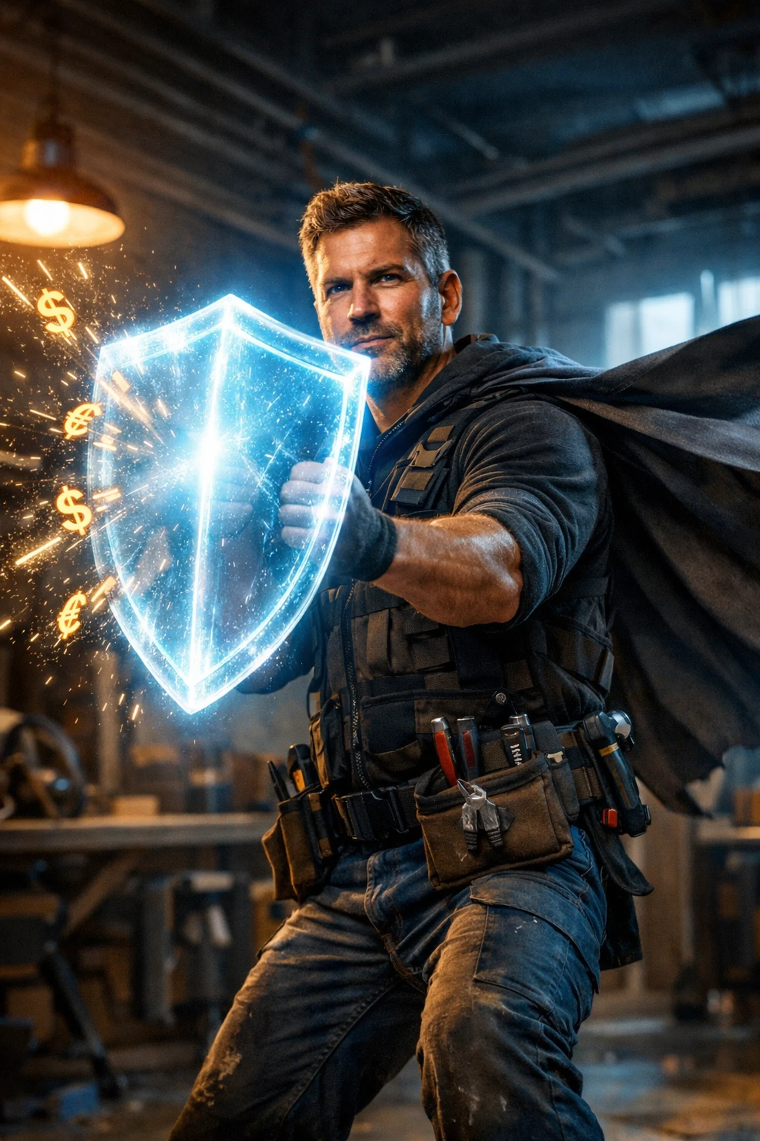 Contractor holding a glowing shield to provide zero fee credit card processing for contractors and no fee credit card processing for professional services.