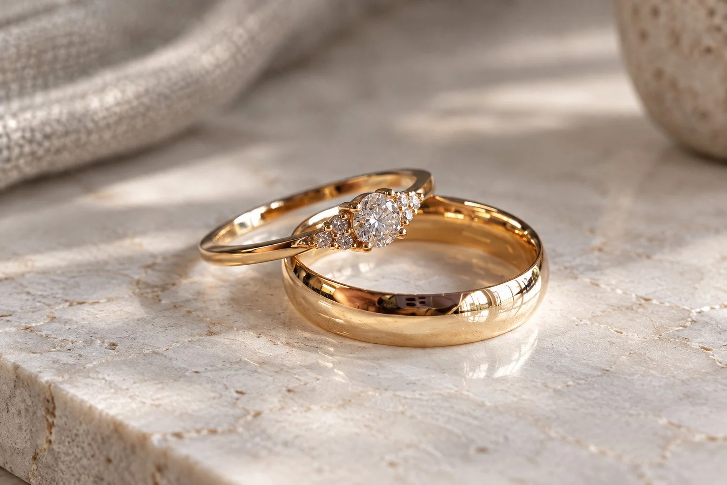  Ringar, Vigselringar 
Vigselringar i rödguld – slät ring och ring med briljant och tre sidostenar.