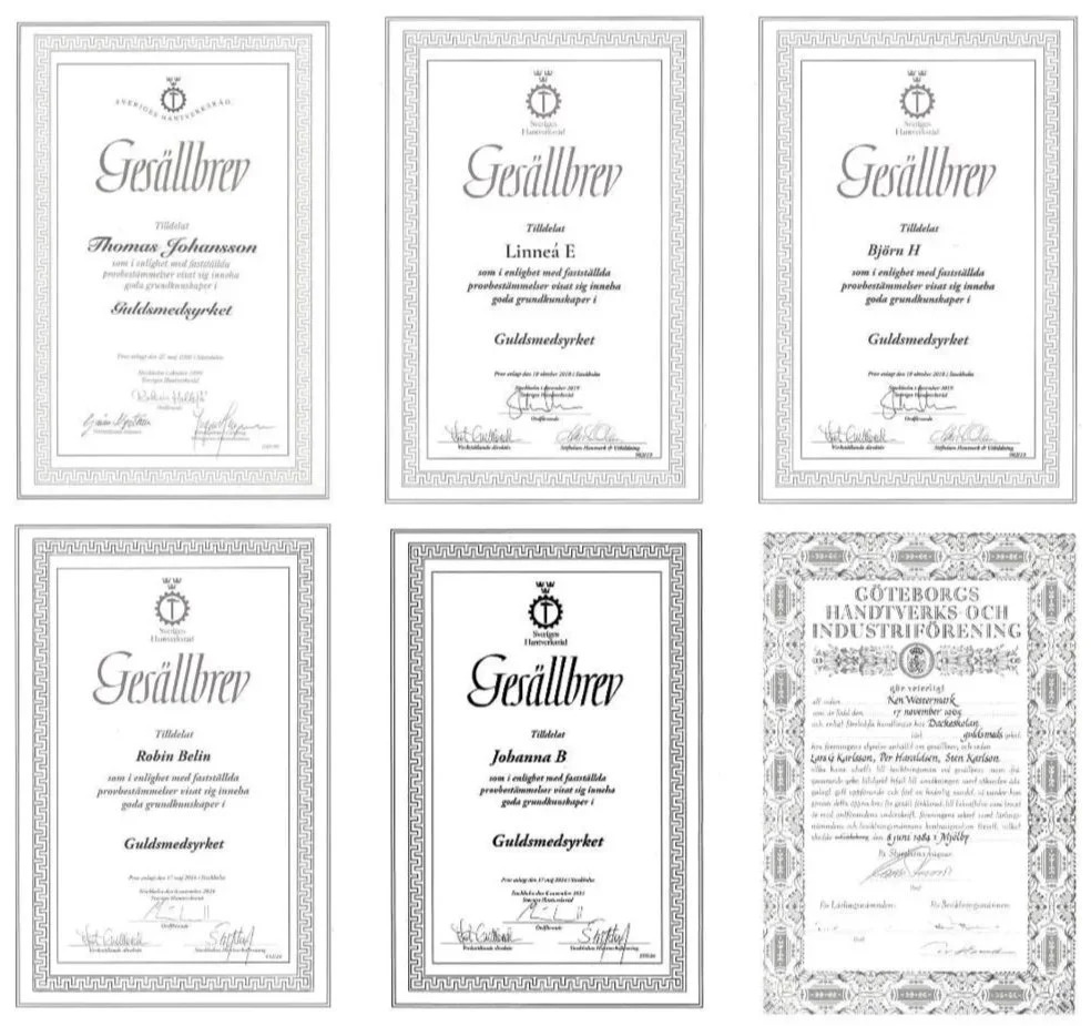 esällbrev och yrkesbevis för guldsmeder på Guldsmedshuset.