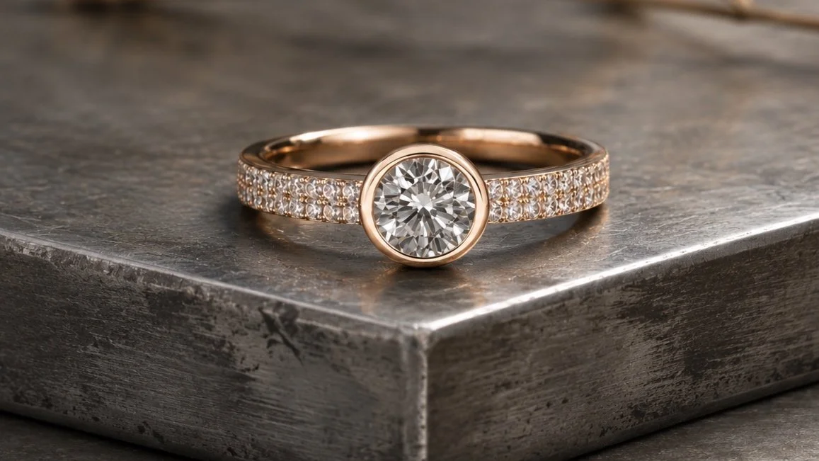 Enstensring med briljantslipad diamant och briljanter i ringskenan, fotograferad på en metallplatta.