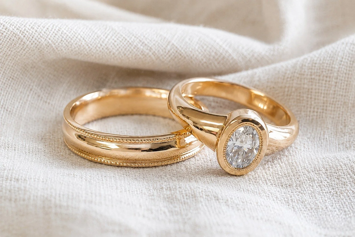  Vigselringar,Ringar 
Vigselringar i 18K guld – ring med oval briljant, milgriff och sargfattning tillsammans med slät ring.