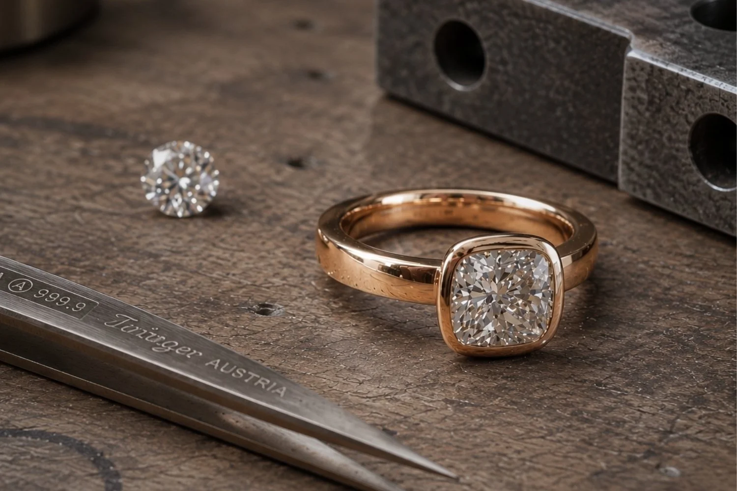  Ringar,Vigselringar 
Enstensring i 18K rödguld med sargfattad kuddslipad diamant.