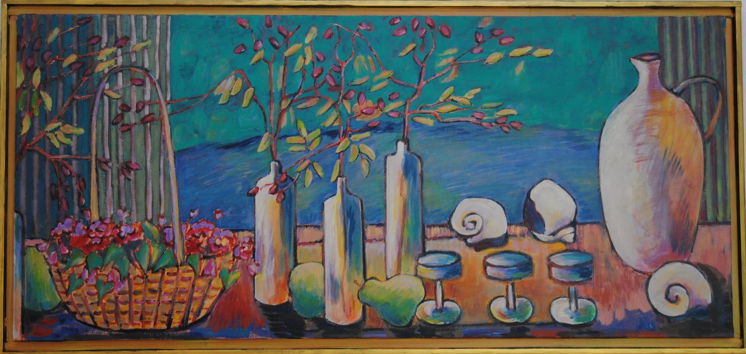 Colorful still life painting featuring flowers, bottles, shells, a vase, and three small stools set against a vibrant background with water and greenery.