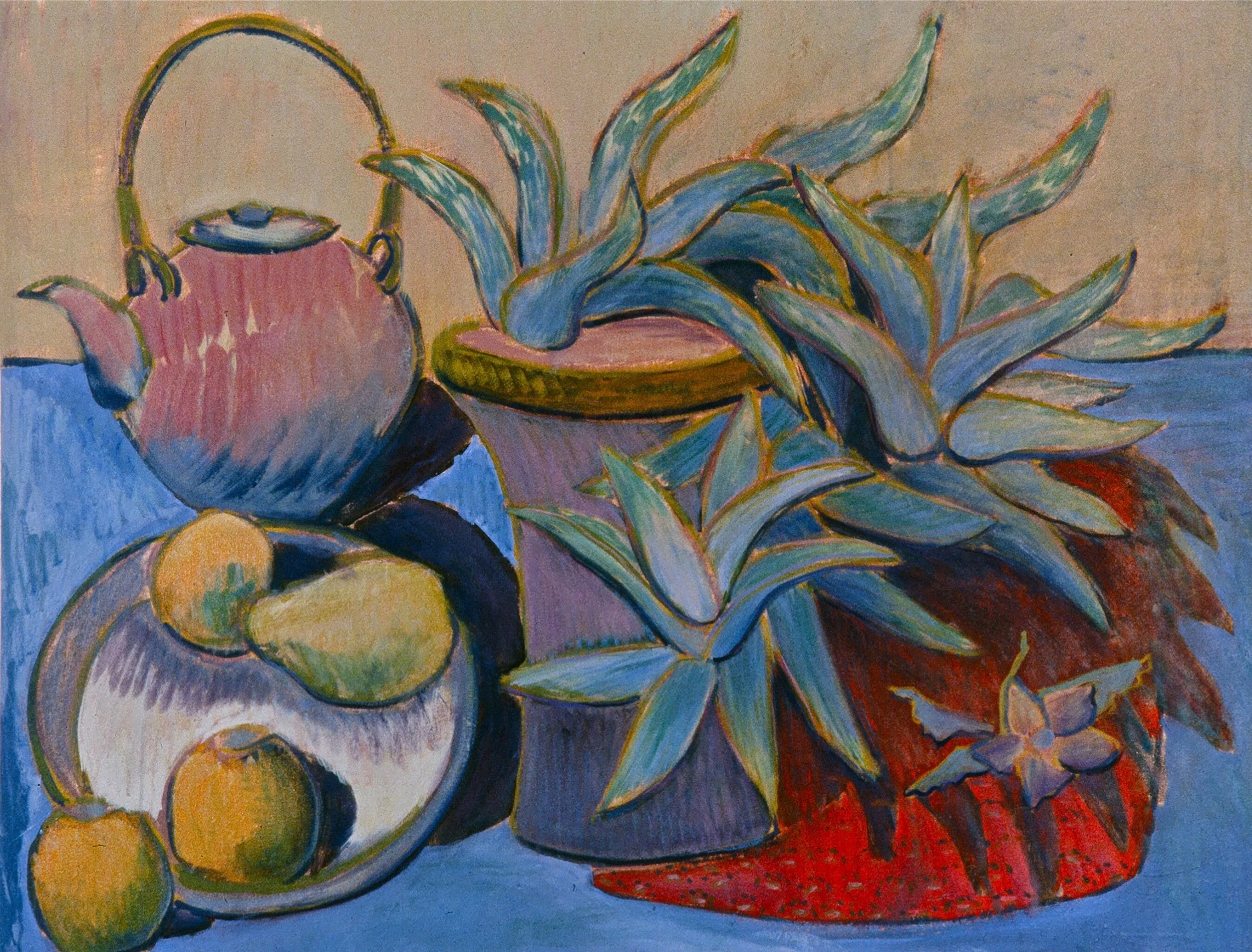 A still life painting of a teapot, a plate of lemons, a potted plant with large blue leaves, and a purple flower in a red vase.