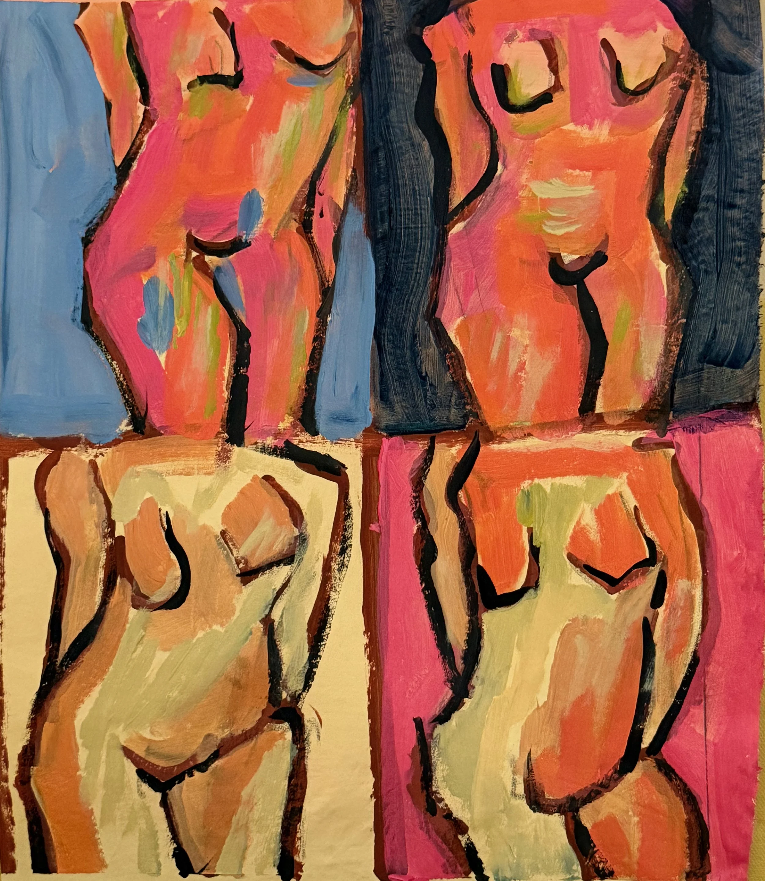 Abstract painting of four female nude figures, each in different colors, with bold black outlines and vibrant background colors.