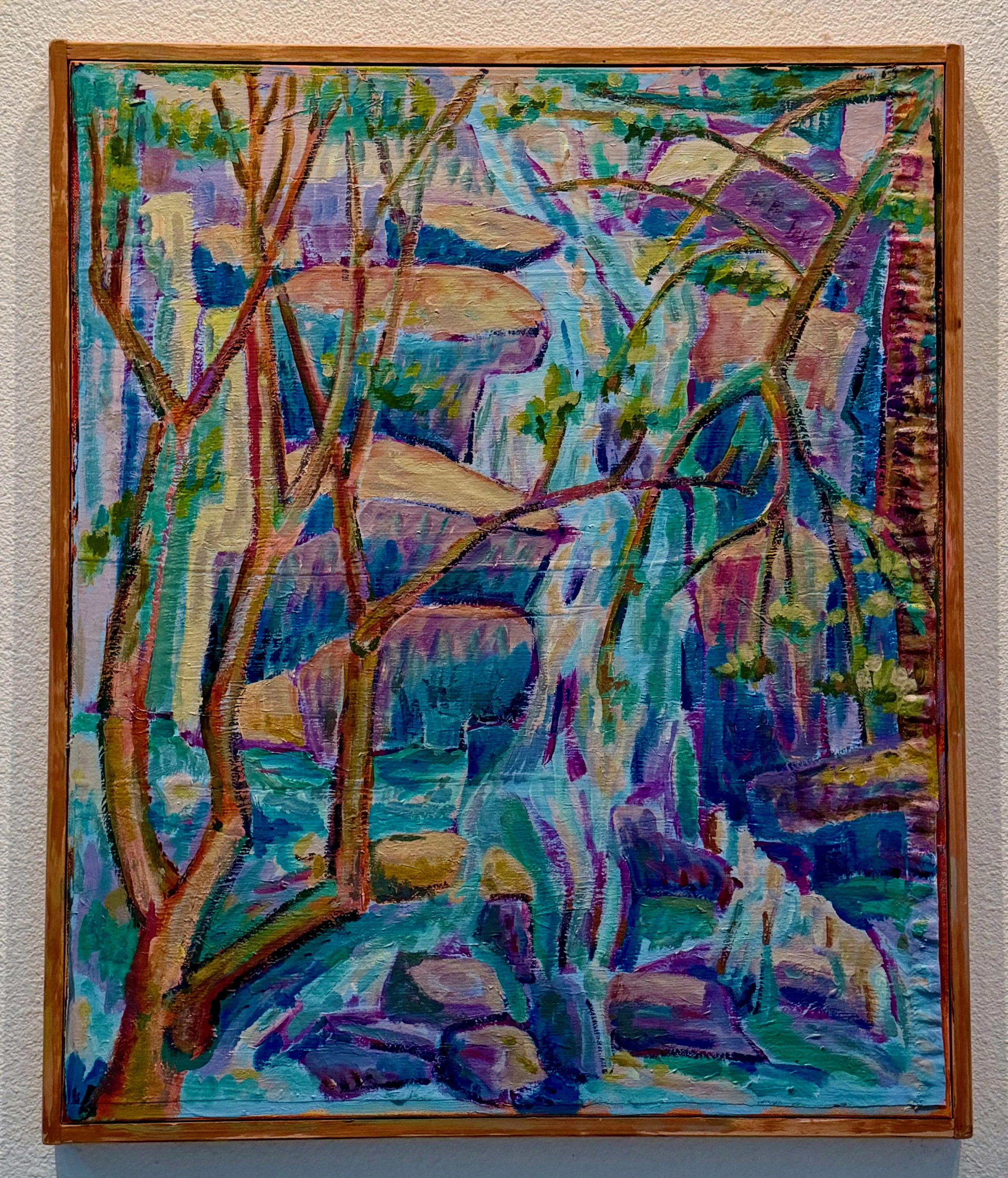 An abstract watercolor painting of a forest scene with trees, rocks, and a flowing waterfall in various bright colors.
