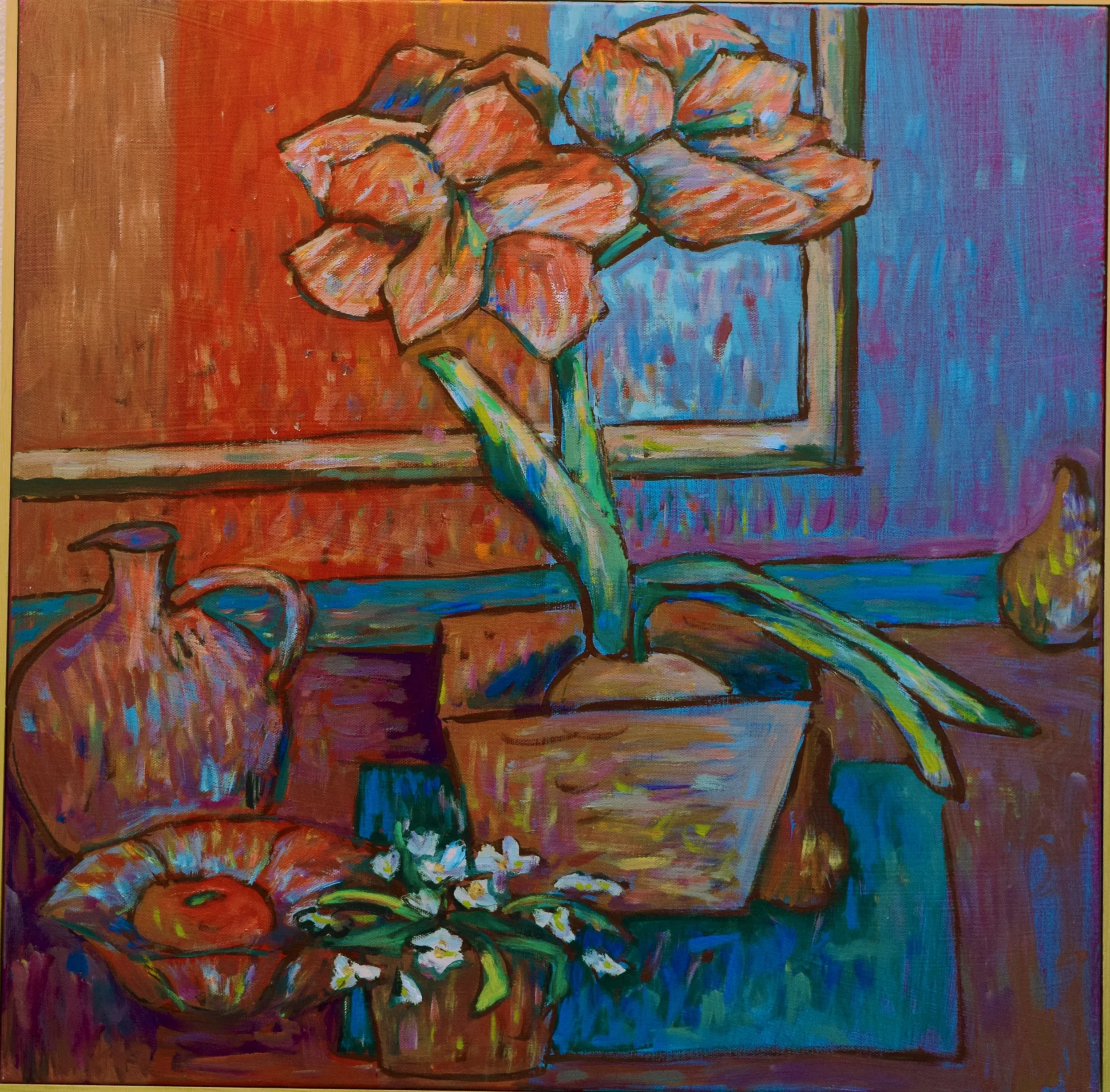 A colorful still life painting featuring a potted houseplant with large leaves, a ceramic pitcher, a bowl with a fruit, a small cluster of white flowers, and a decorative vase in the background, all arranged on a wooden table with a wood-paneled wall