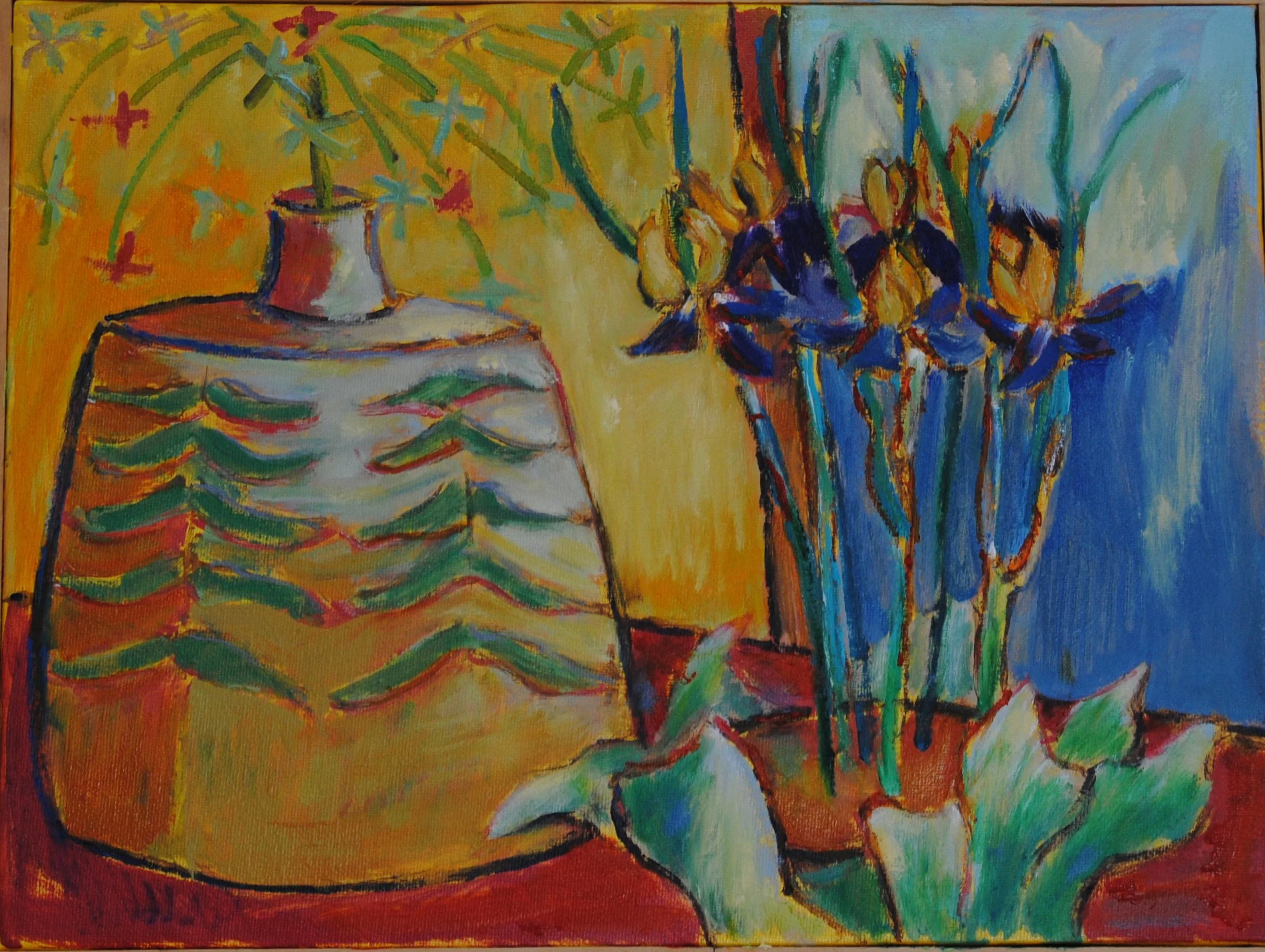 An abstract painting of a floral arrangement with a vase of tulips on the right and a decorative container with a plant on the left, using bold colors and expressive brushstrokes.