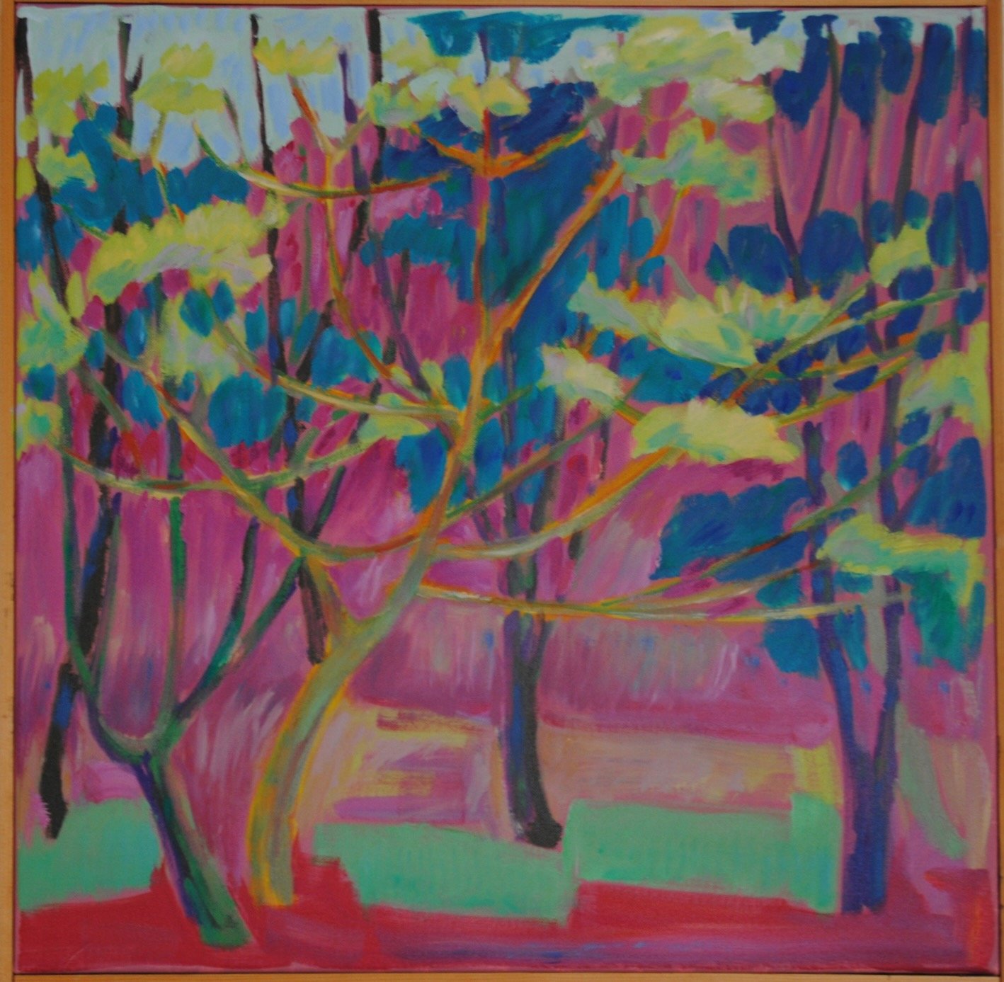 Colorful abstract painting of trees with vibrant pink, yellow, blue, and green hues.