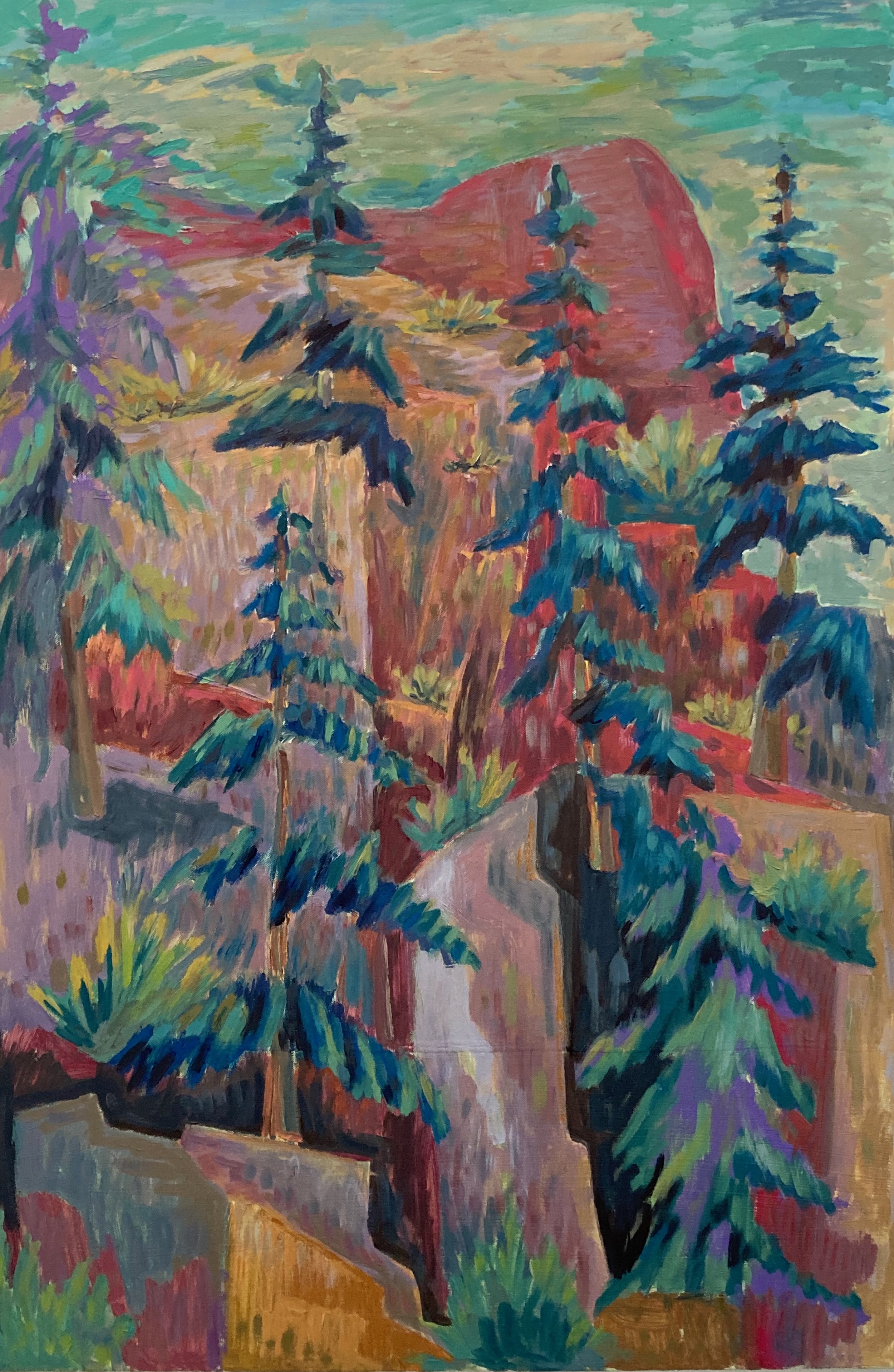 An abstract landscape painting depicting tall pine trees alongside a winding path, rocky formations, and a red mountain in the background, with vibrant and varied colors.