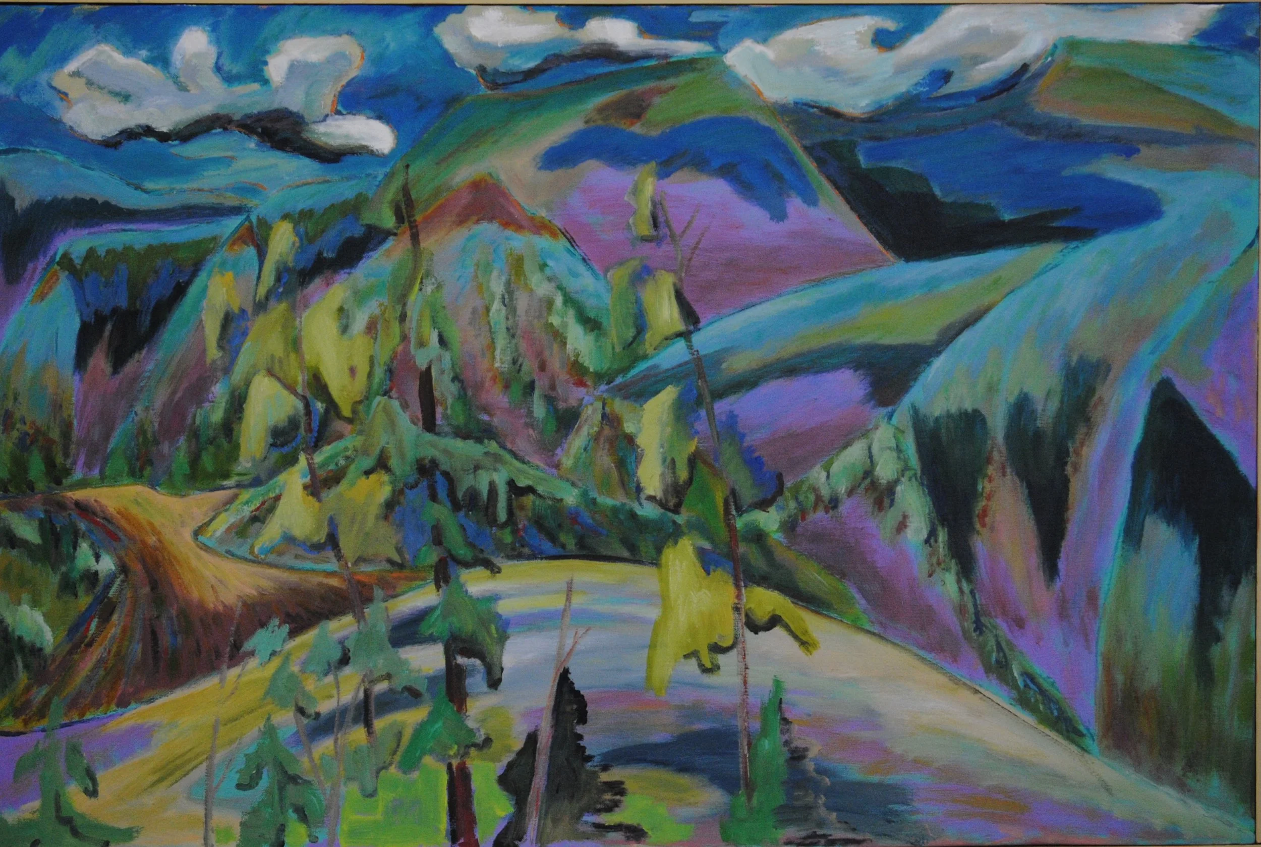 Abstract landscape painting of mountains, trees, and sky with vibrant colors and bold brushstrokes.