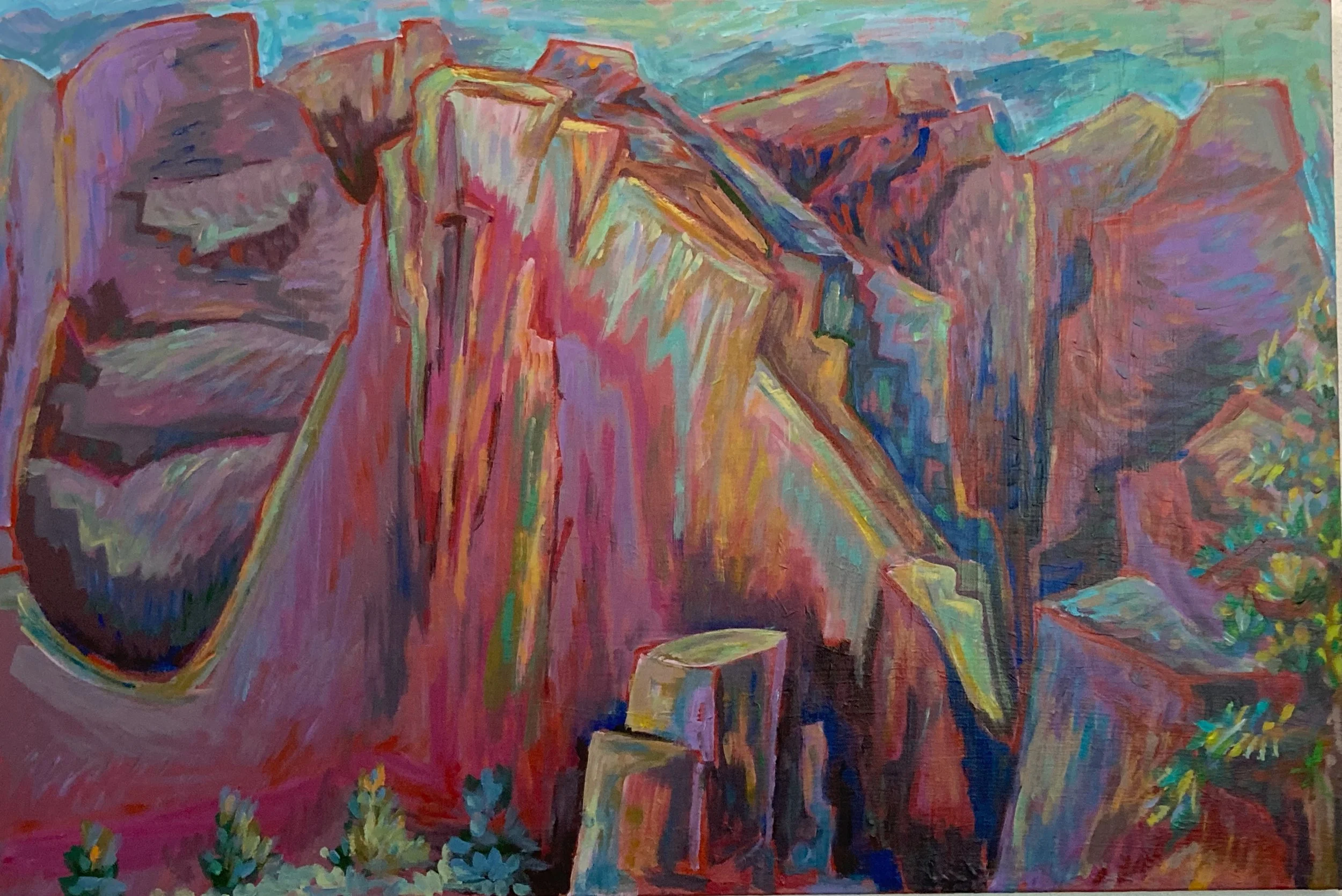 Painting of colorful, stylized red rock formations with small green plants at the base, created with bold brushstrokes and vibrant colors.