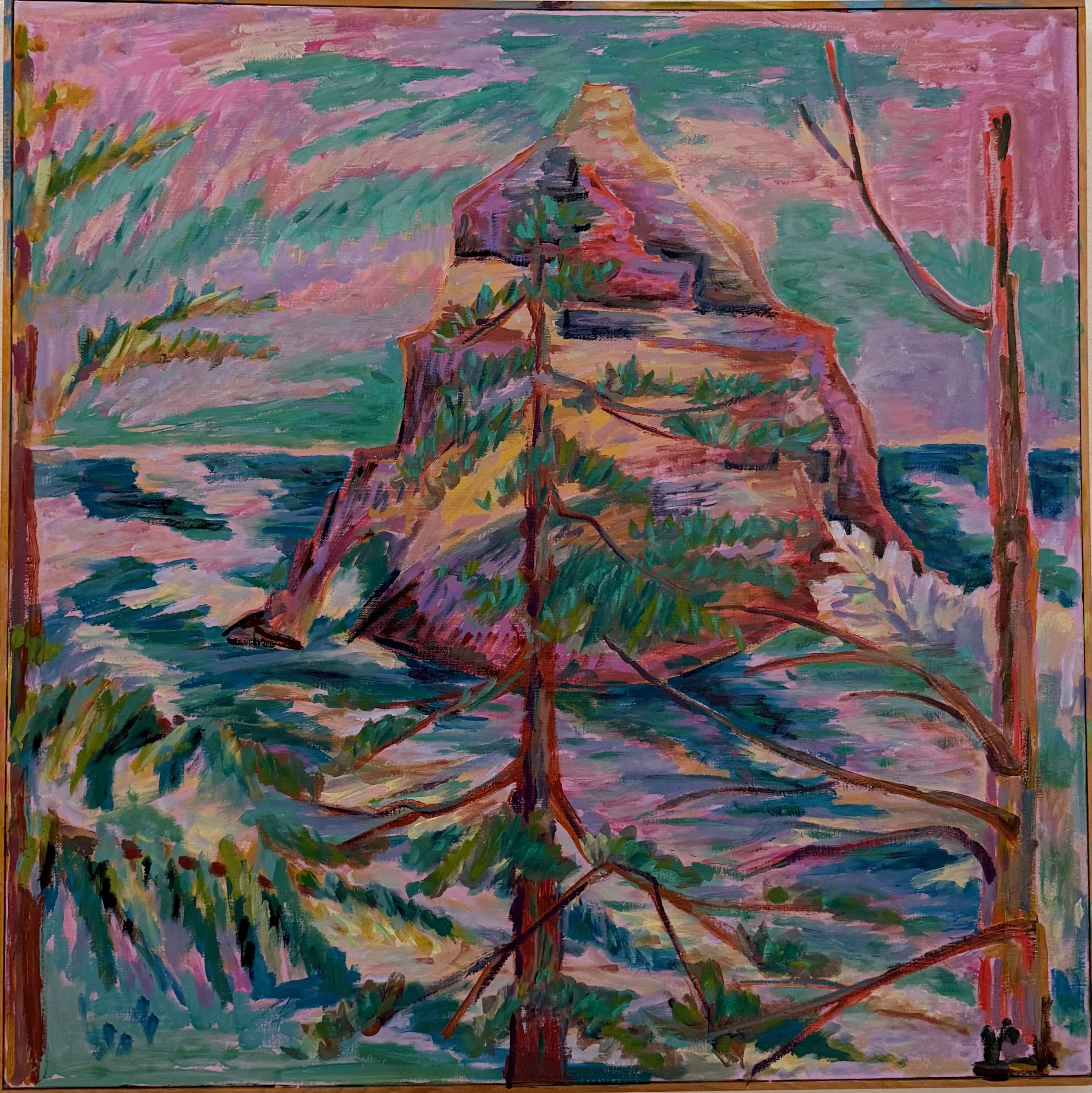 Painting of a rocky coastal landscape with a large cliff, waves, and trees in an impressionist style with vibrant colors.