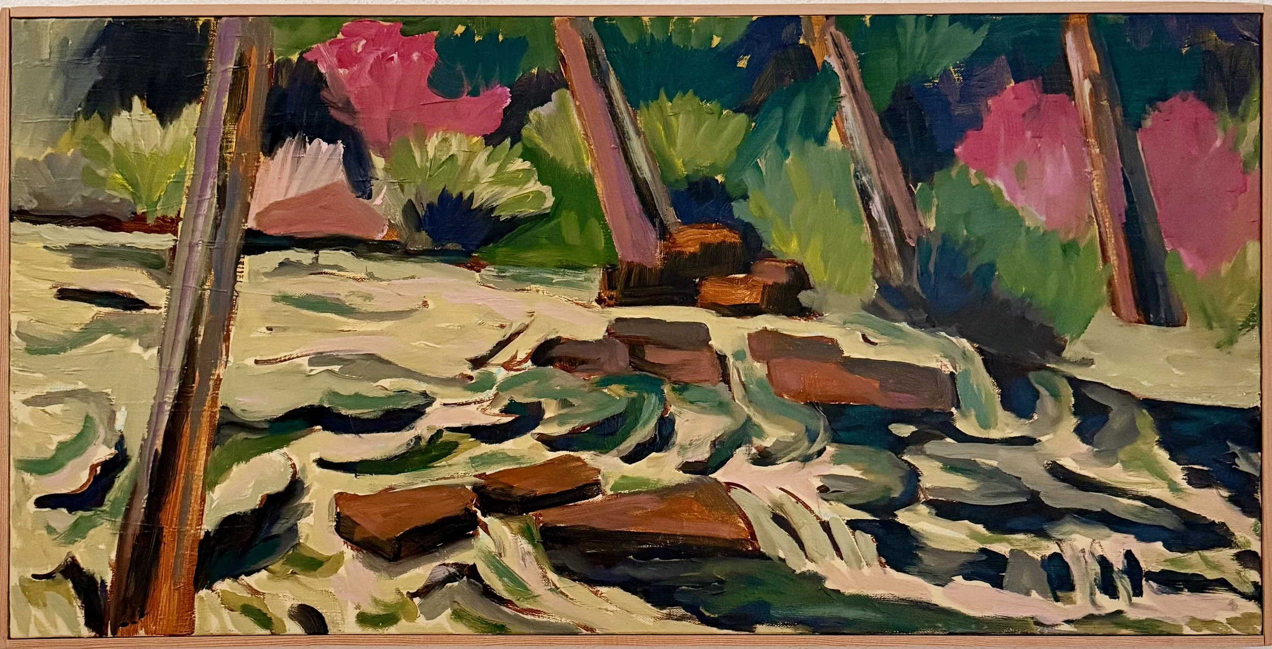 Impressionist-style painting of a flowing stream with rocks, trees, and colorful foliage in the background.