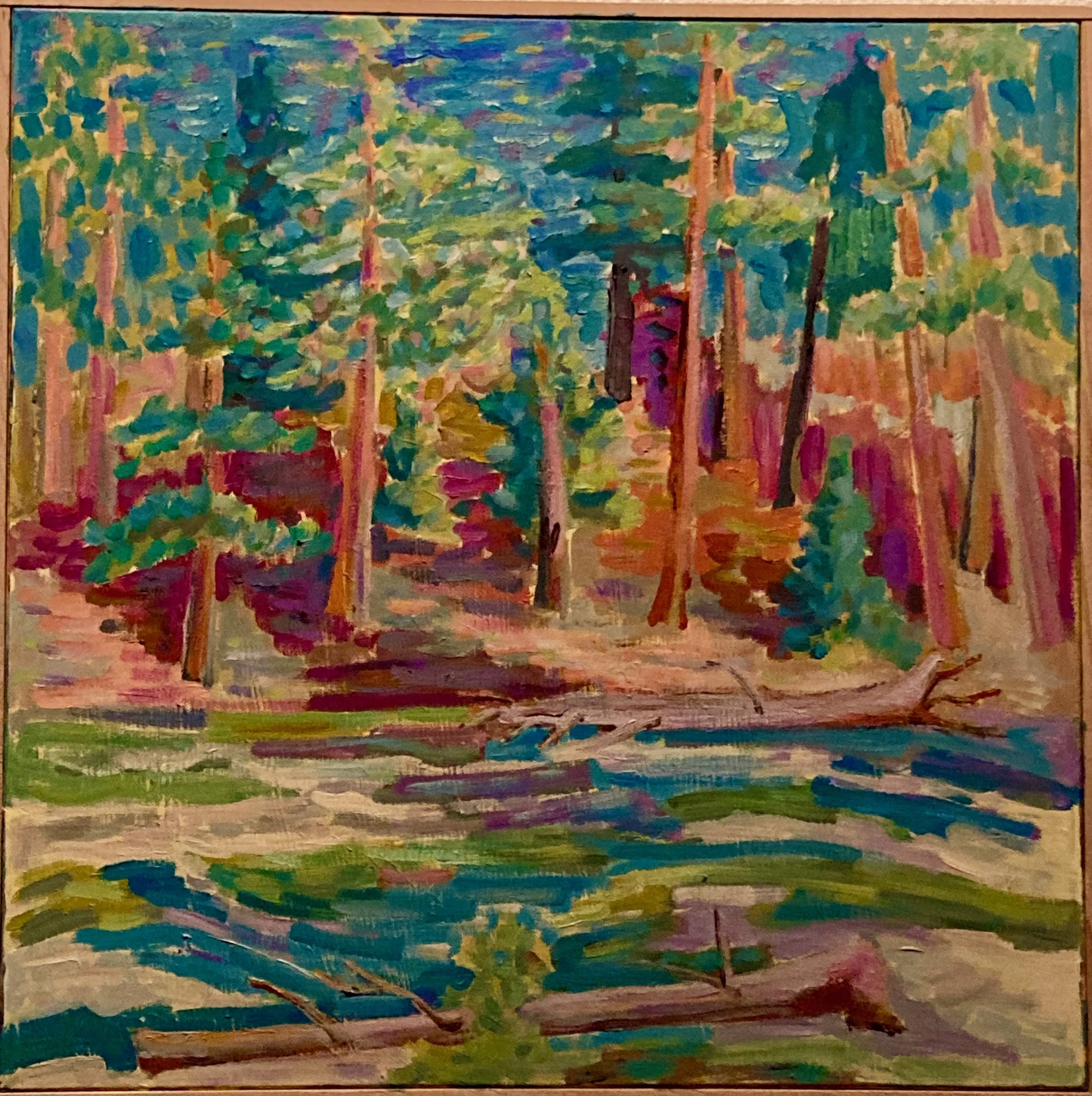 An impressionist style painting of a forest with tall trees, a creek in the foreground, and colorful foliage.