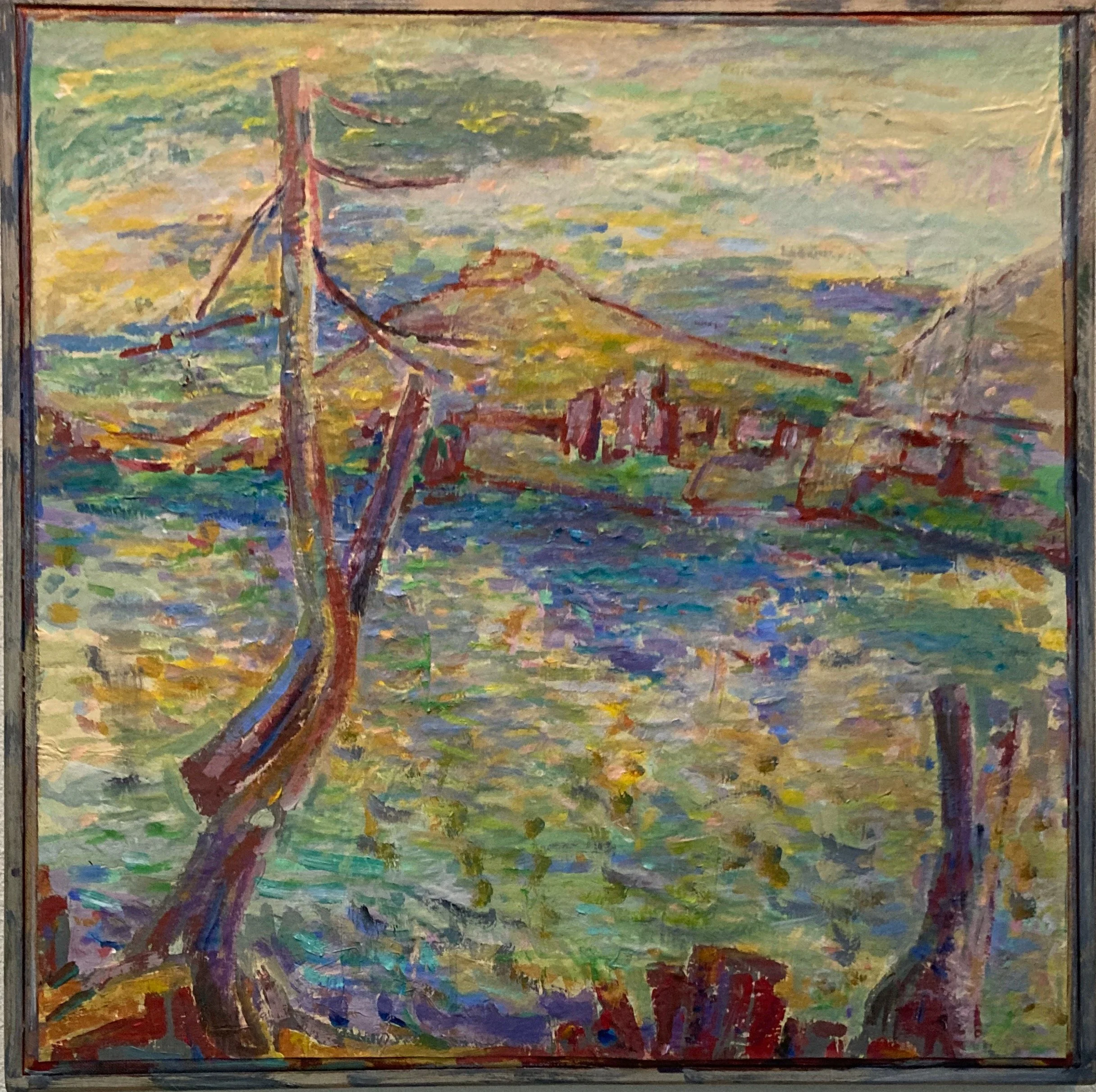 An impressionist painting of a landscape with a river, mountains, and a village in the background, using vibrant colors and loose brushstrokes.