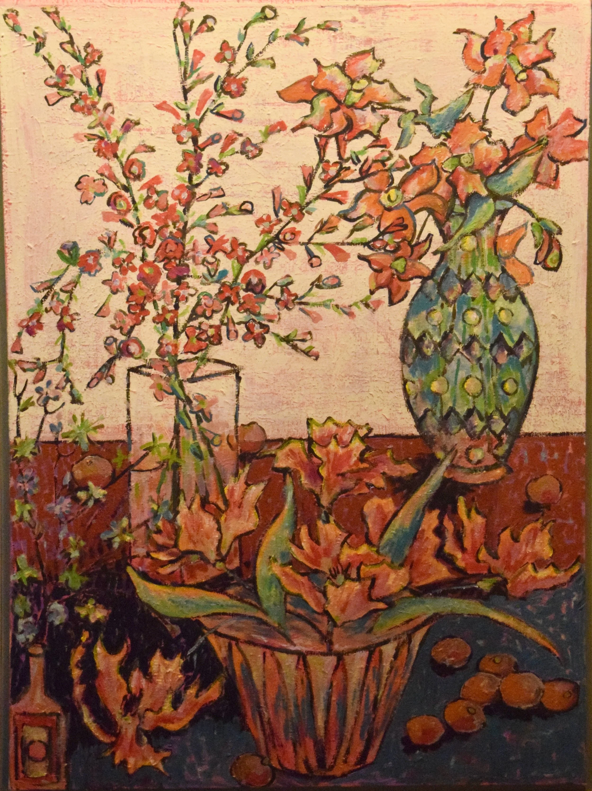 Colorful painting of flowers in vases on a table with scattered autumn leaves and round objects.