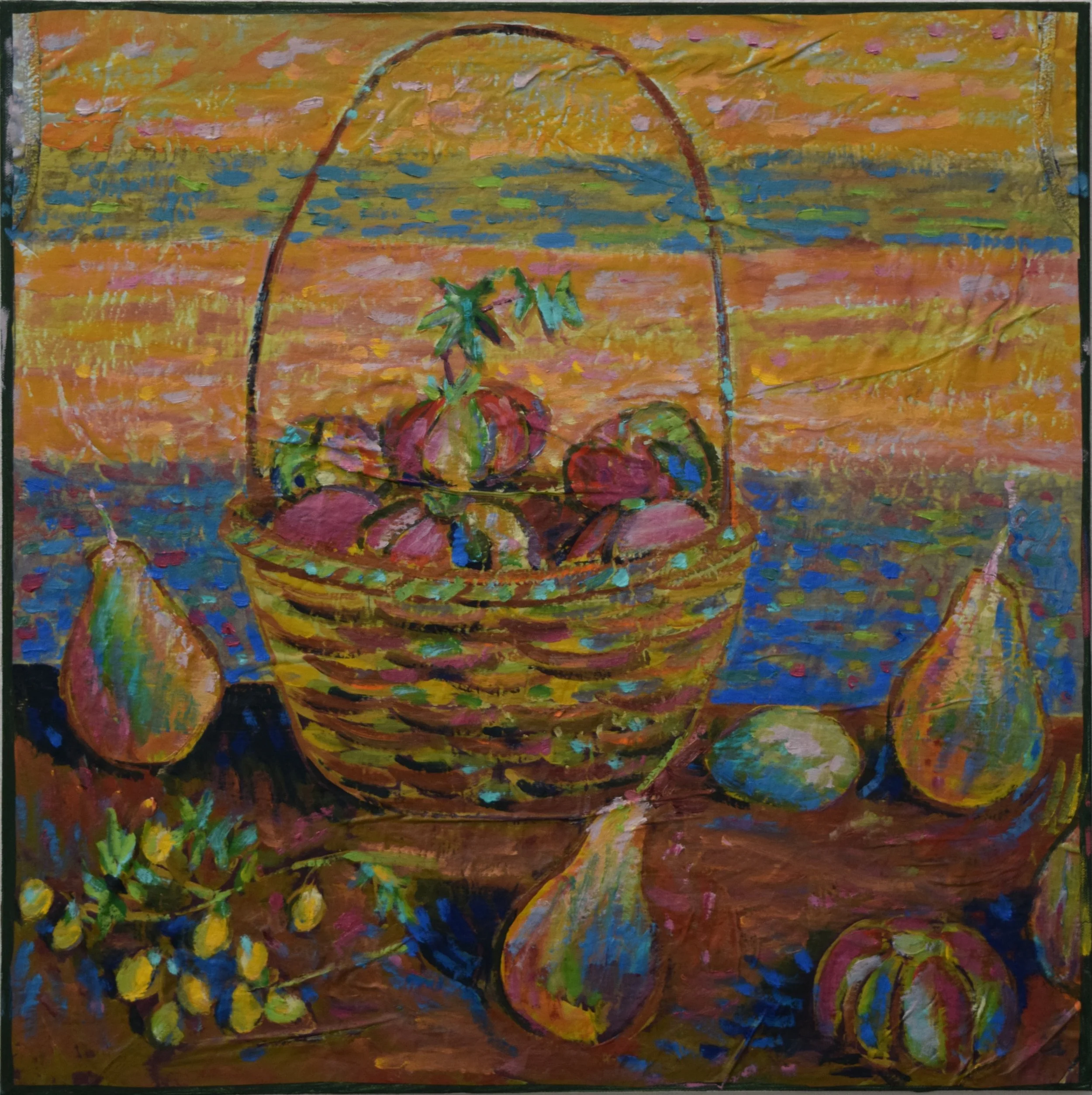 A colorful still life painting featuring a basket of fruit, including pears, apples, and grapes, with additional fruits surrounding it on a table, with a vivid background depicting a sunset over water.