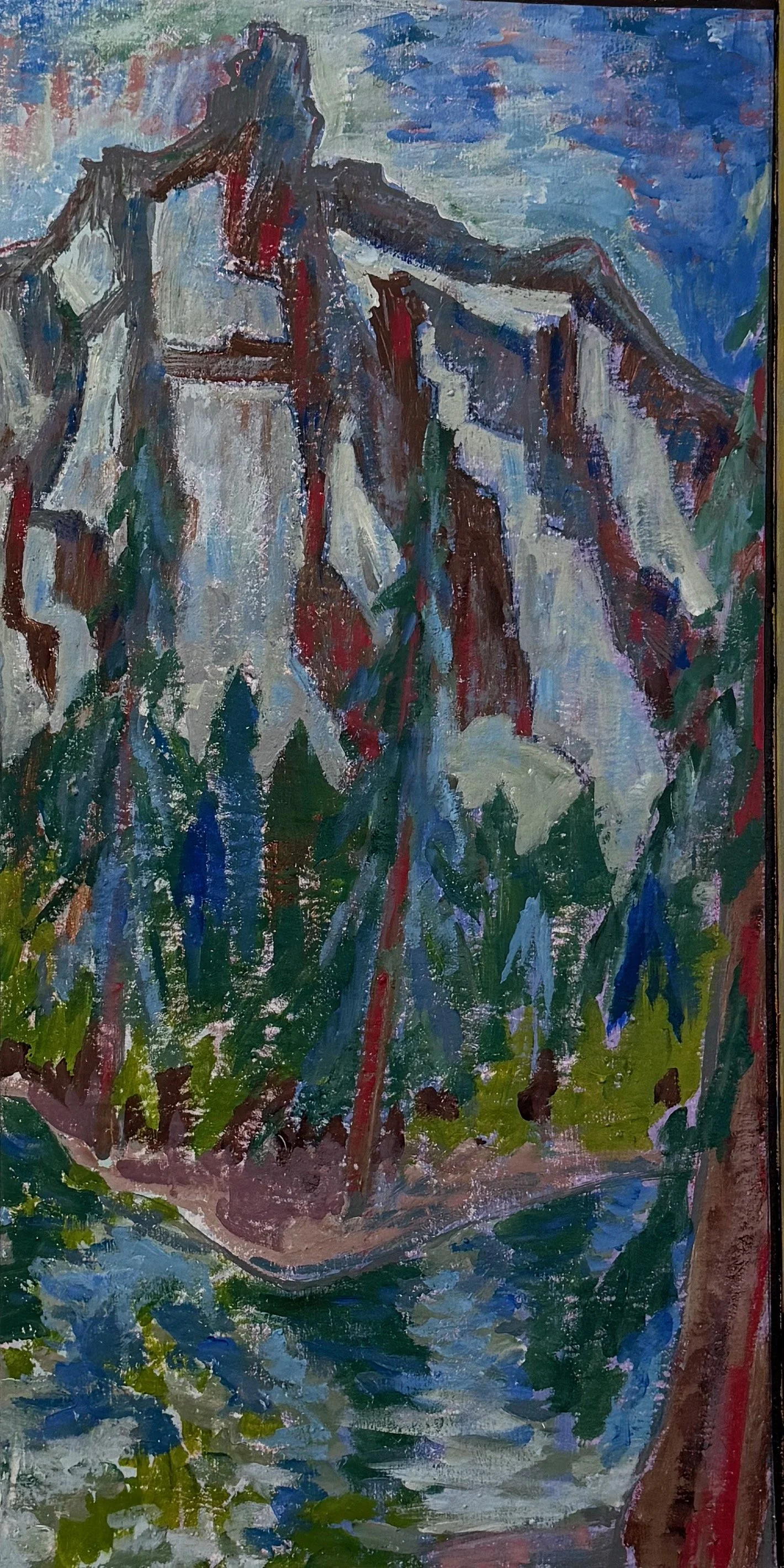 An impressionist painting of a wooden bridge over a flowing creek or stream, surrounded by green foliage and a cloudy sky.