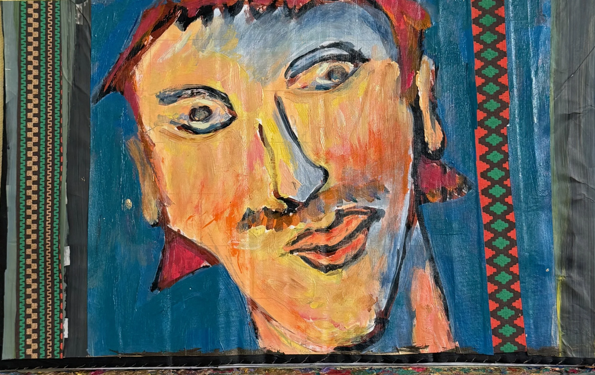 Colorful abstract portrait of a woman with short hair, prominent eyebrows, and closed lips, set against a blue background with patterned border on the right side.