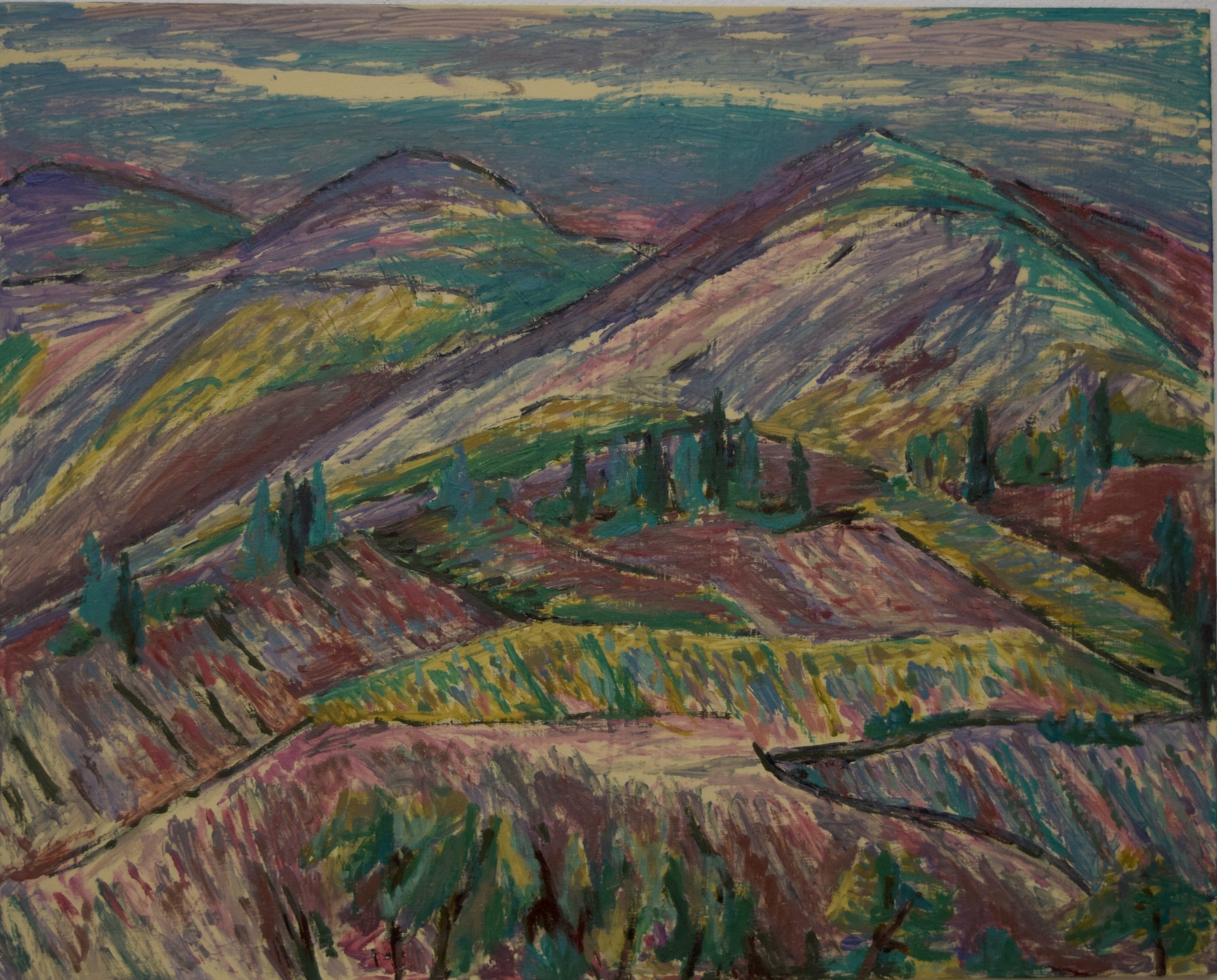 Painting of a colorful landscape with mountains, trees, and fields.