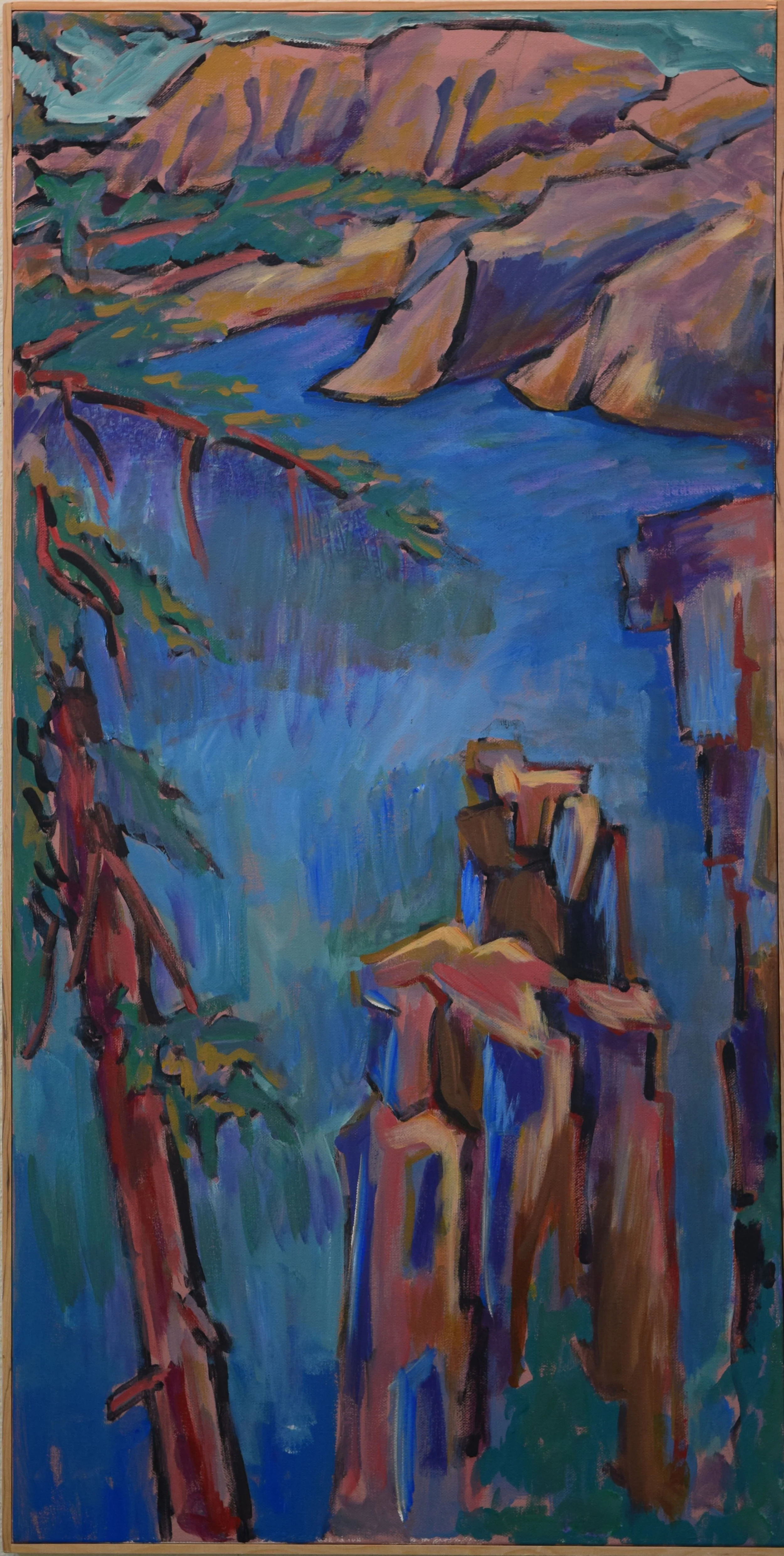An abstract painting of a canyon landscape with colorful cliffs, a river, and trees, using bold brushstrokes and vibrant colors.