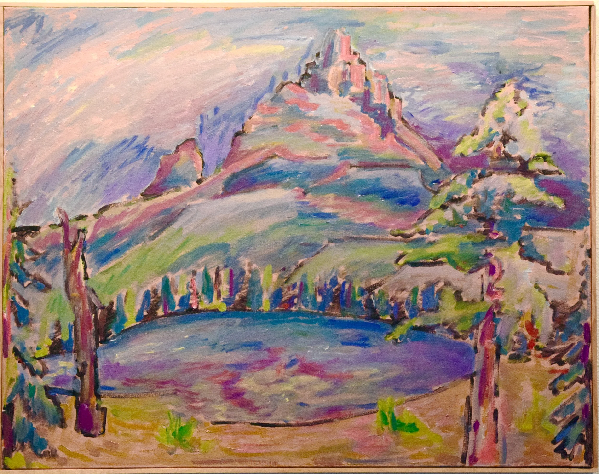 A colorful painting of a mountain landscape with a river, evergreen trees, and pine trees in pastel shades.