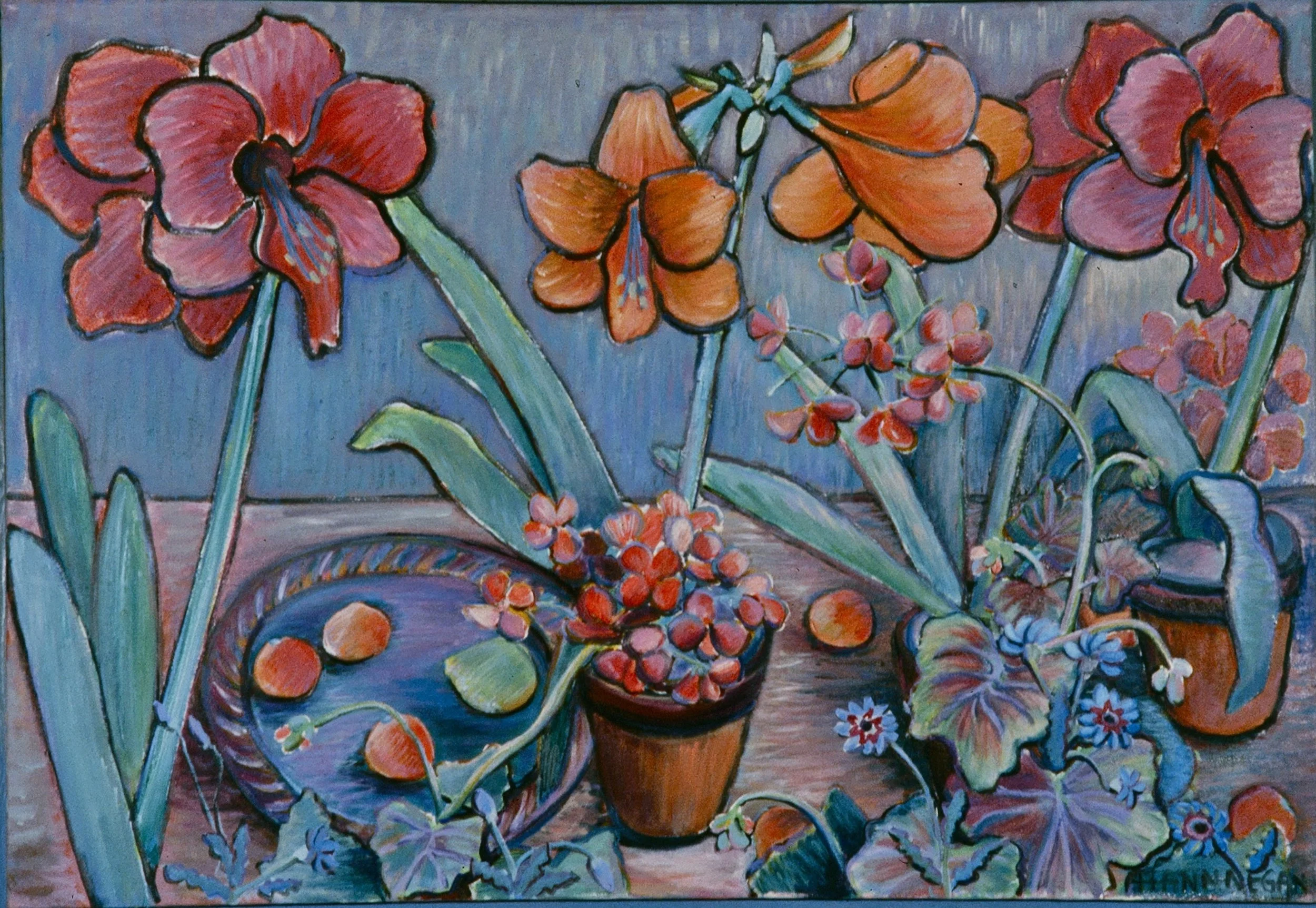 A colorful painting of various potted flowers, including orange and pink blossoms, with a blue background and a fish pond with floating fruit.