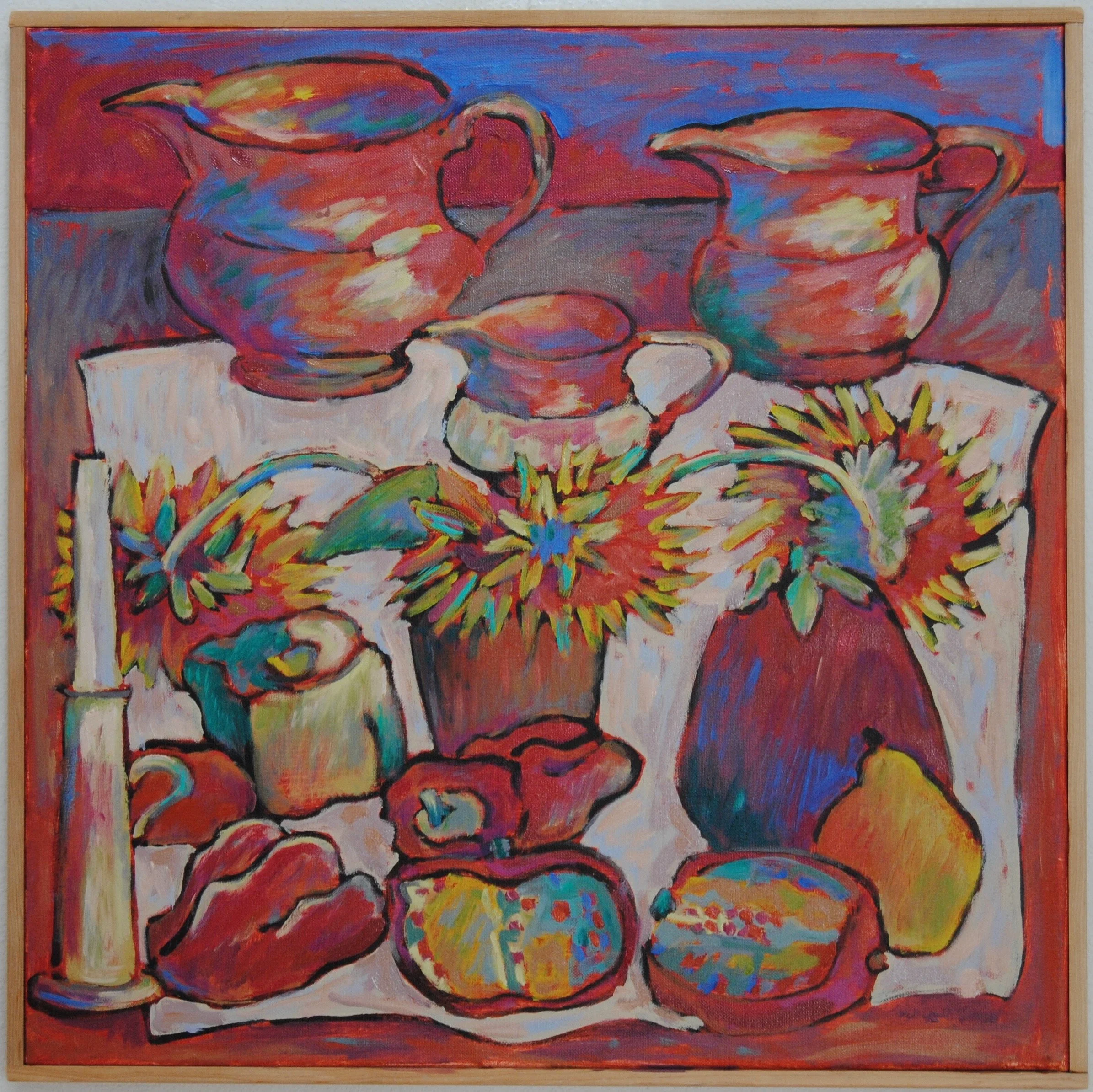 Colorful still life painting of vases, flowers, fruits, and a candle on a table with a white tablecloth.