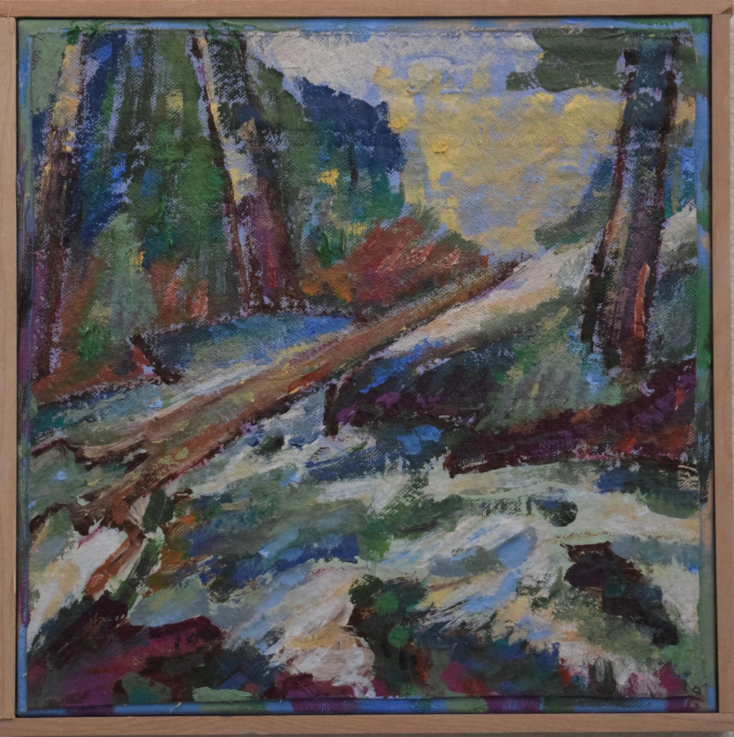 An impressionist painting of a forest stream with trees on both sides and a fallen log crossing the water.