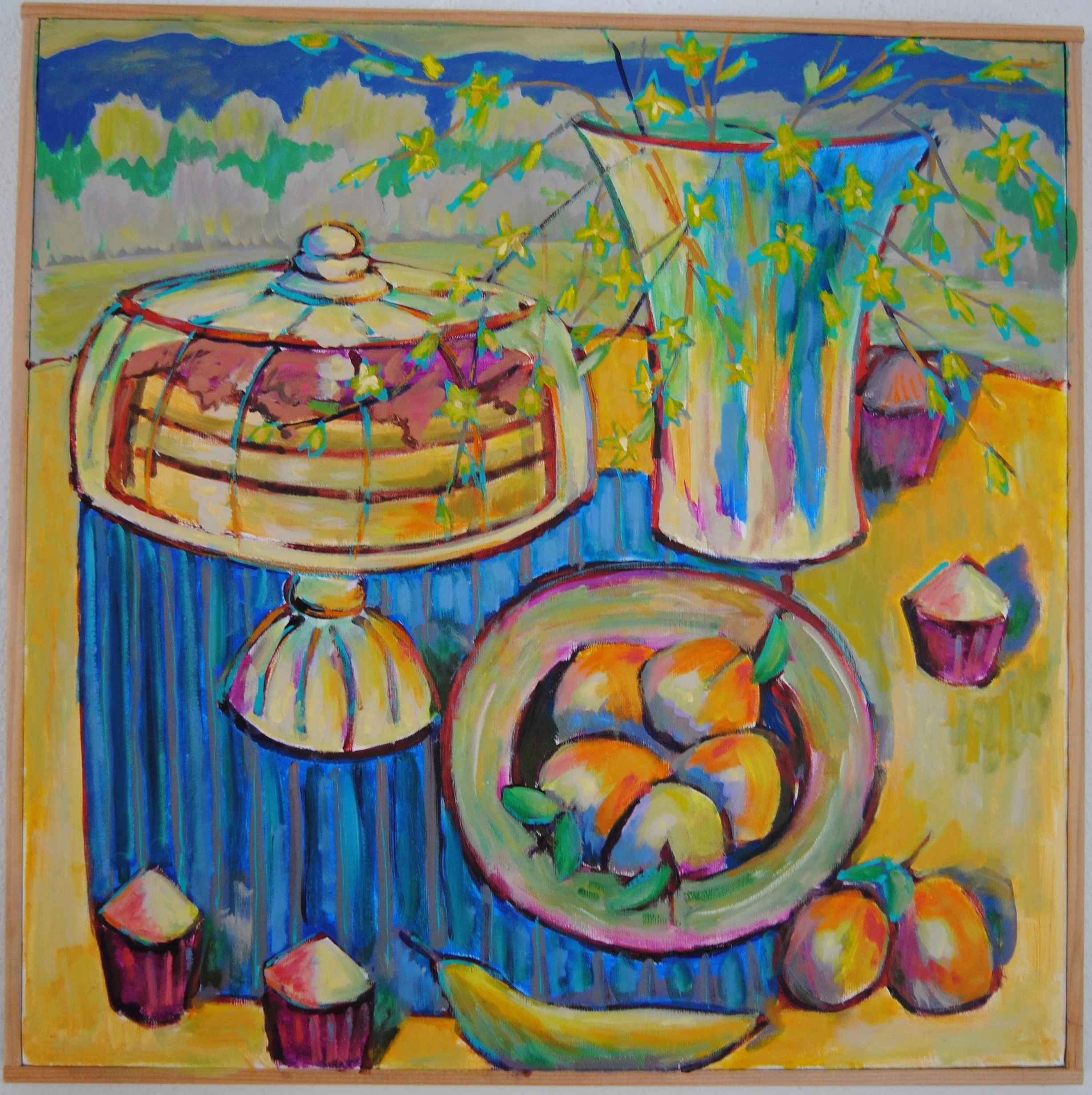 Colorful still life painting featuring a birthday cake with lit candles, a vase with yellow flowers, a bowl of peaches, and small cupcakes, with a landscape background.