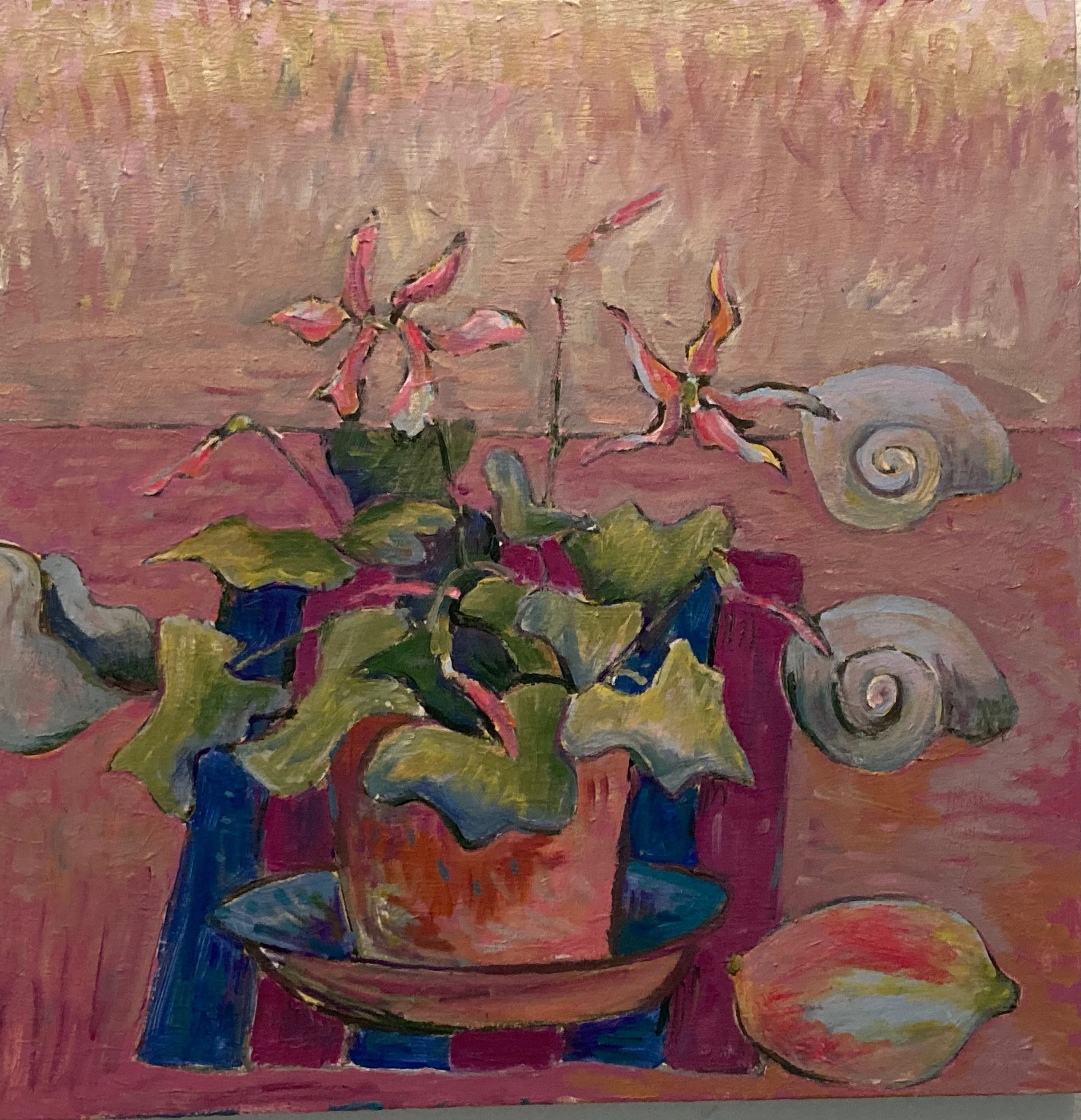 A still life painting of a potted flowering plant, with pink flowers and green leaves, on a table with a lemon and seashells in the background.