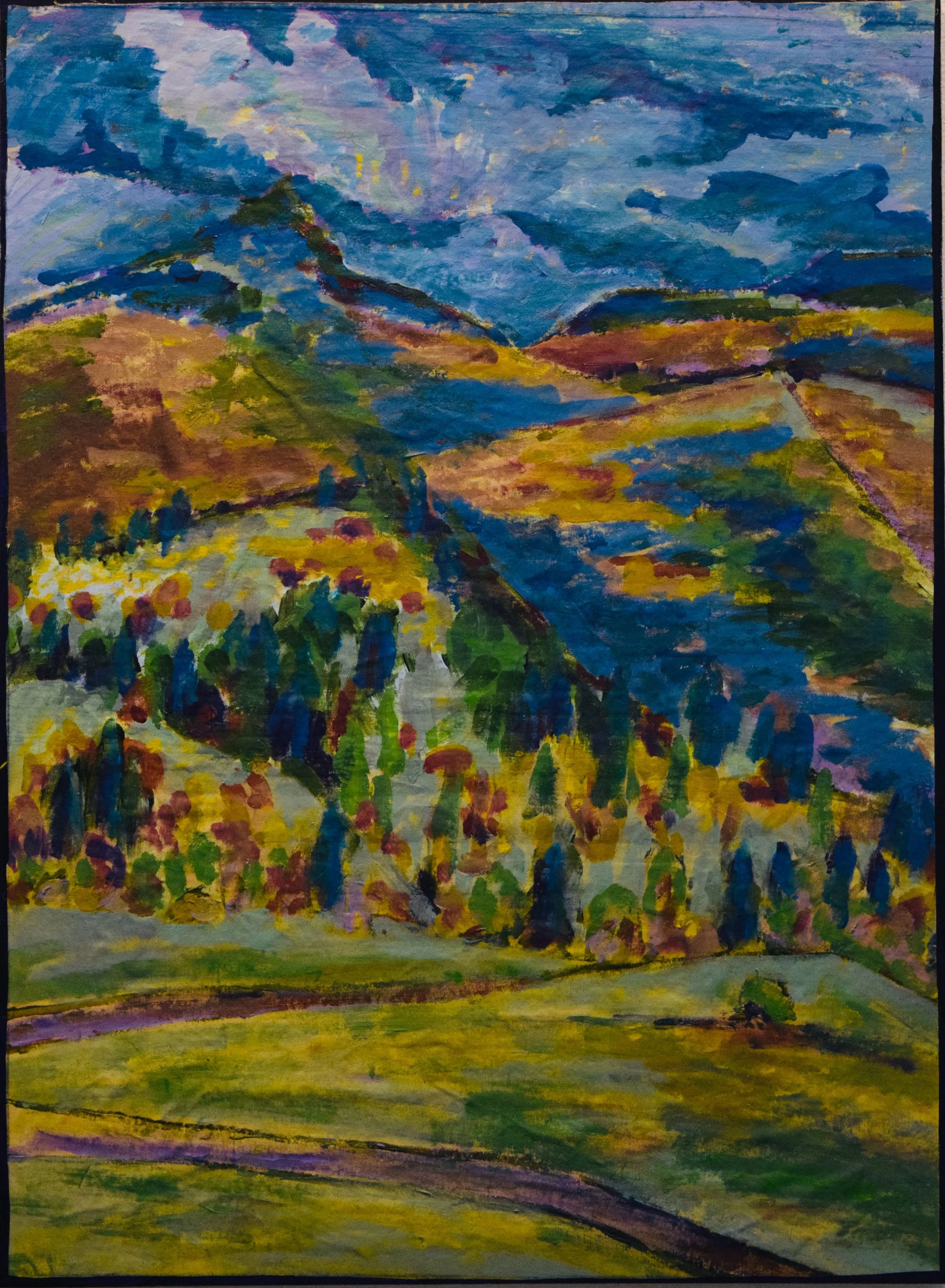 Colorful landscape painting of hills, trees, and sky with vibrant brushstrokes.