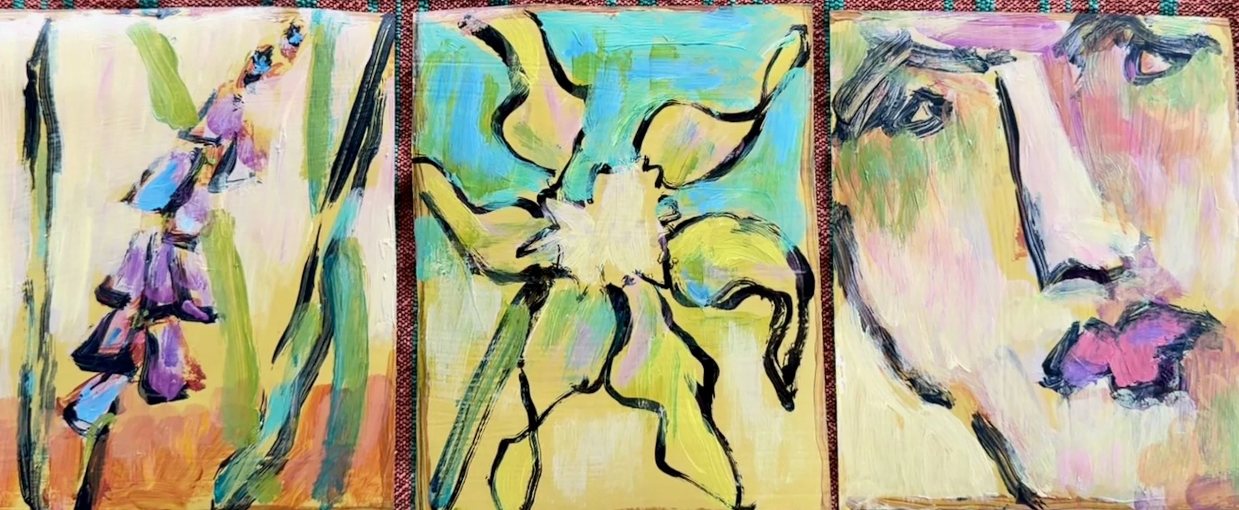 Colorful triptych painting with abstract floral and portrait elements, featuring bold brushstrokes and vibrant pastel colors.