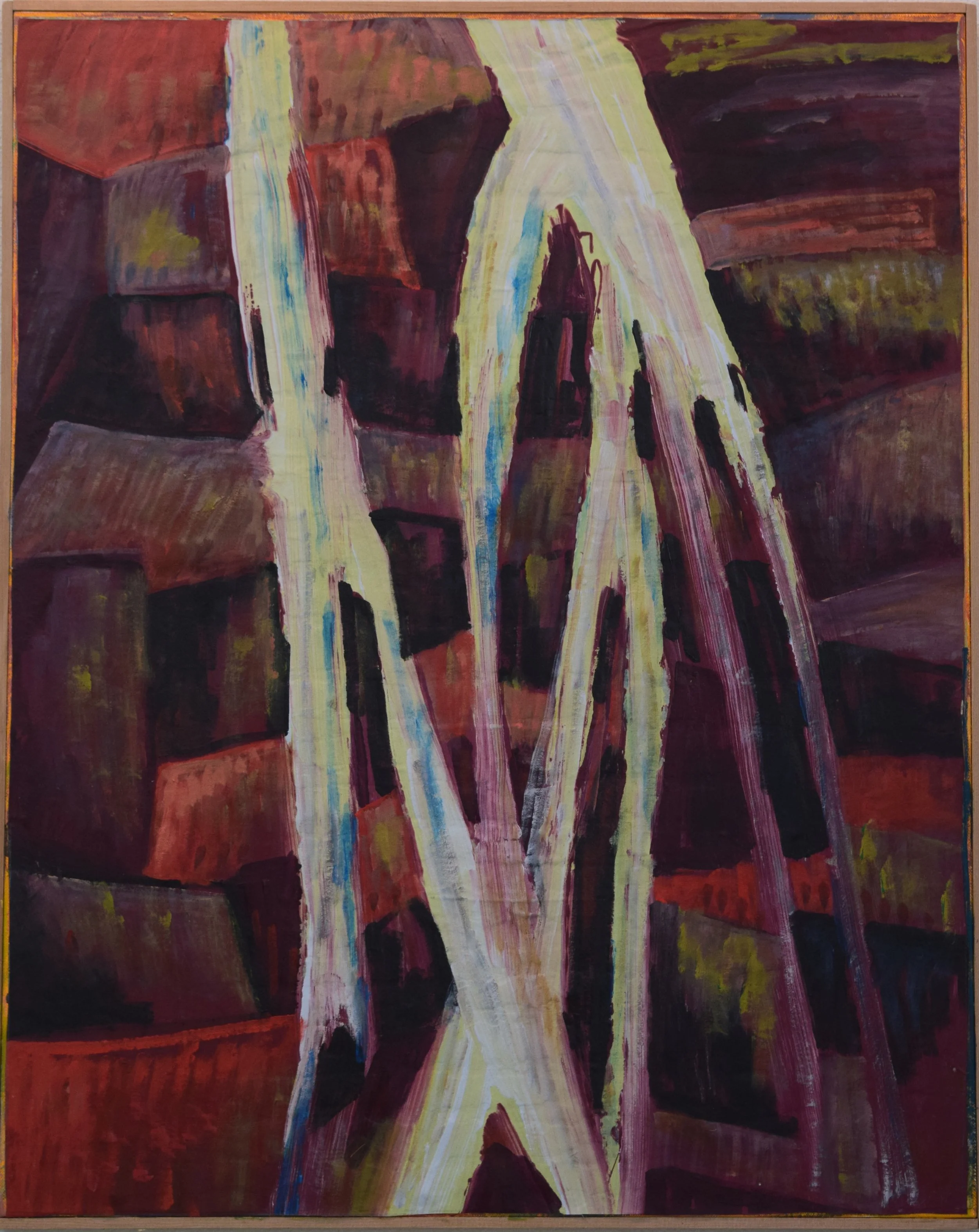 Abstract painting of plant stems and leaves against a dark background with red and green tones.