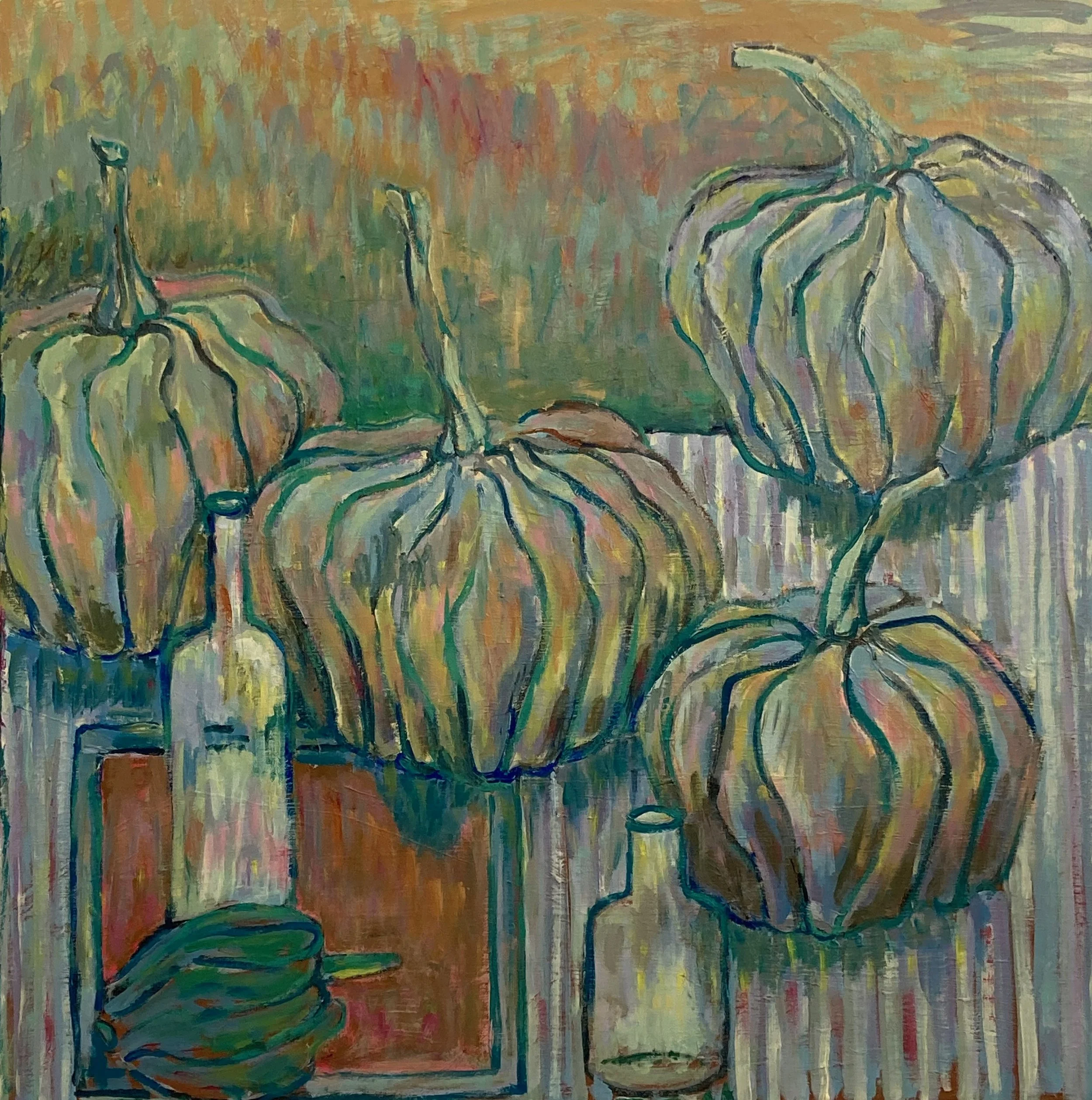 Abstract painting of four large pumpkins with green stems, surrounded by glass bottles and a bowl, with vertical brushstrokes and a muted color palette.