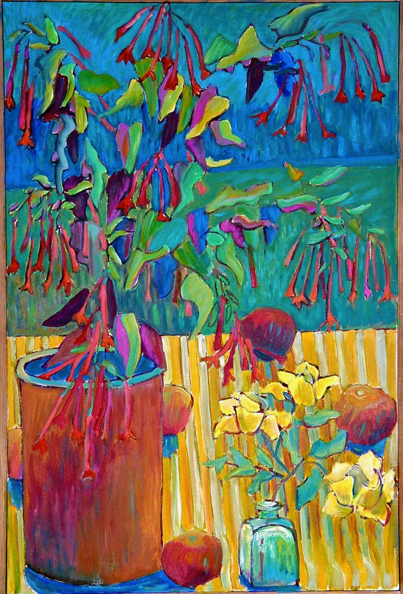 Colorful painting of a vase with a large, leafy plant, alongside smaller vases with yellow flowers, all on a yellow striped tablecloth.