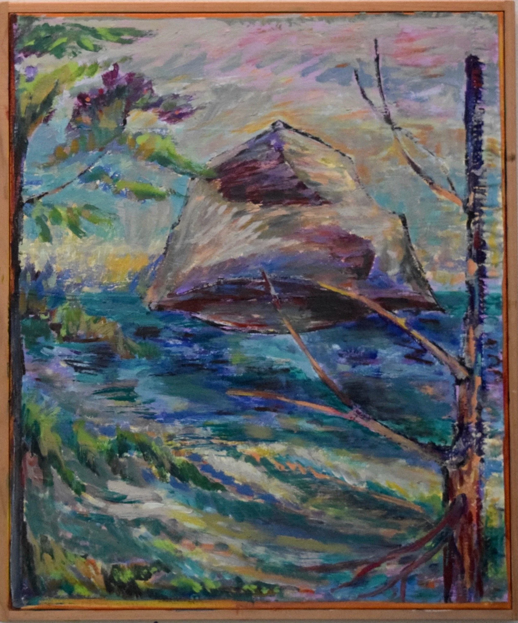 An abstract watercolor painting of a house with a pointed roof, water, trees, and sky in vibrant colors.