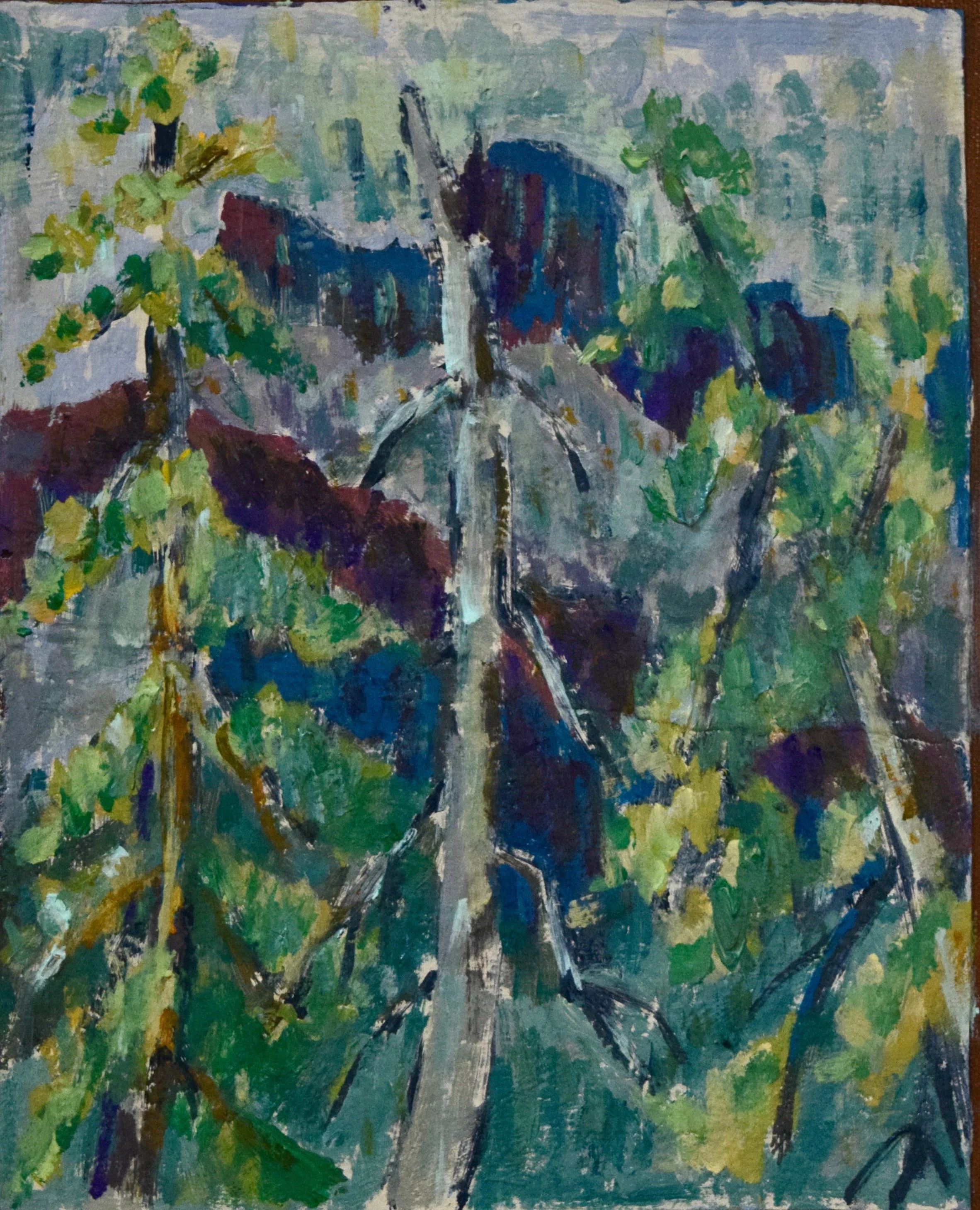 An abstract painting of a forest scene with a tree in the center, surrounded by green foliage and colorful leaves in shades of green, blue, purple, and yellow.