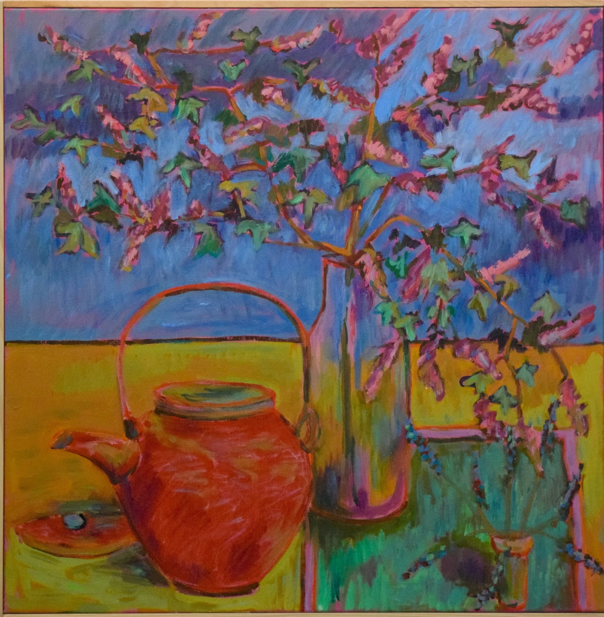 Colorful painting of a still life with a red teapot, a yellow container, and a vase with green and pink foliage against a blue background.