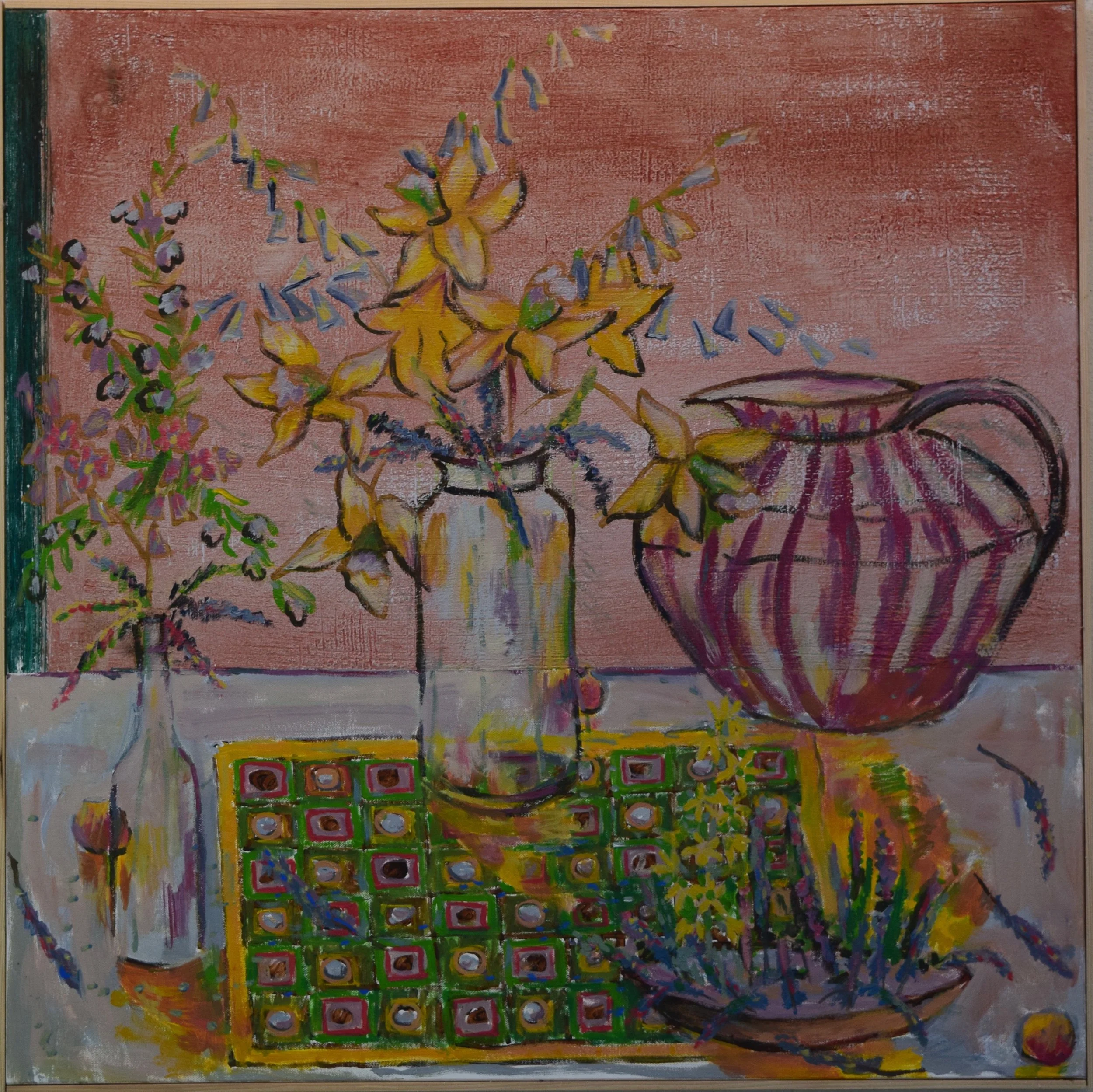 Colorful still life painting of three vases and a checkered tablecloth with flowers and plants.