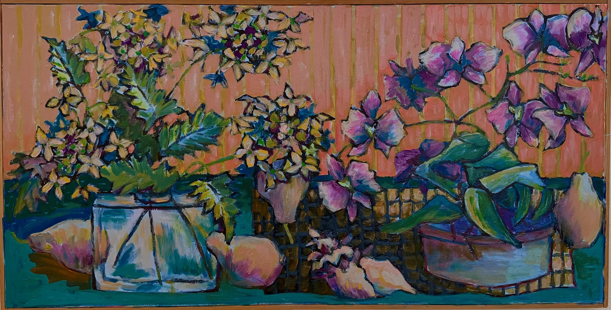 Colorful painting of various flowers in vases on a table with a pink striped background.