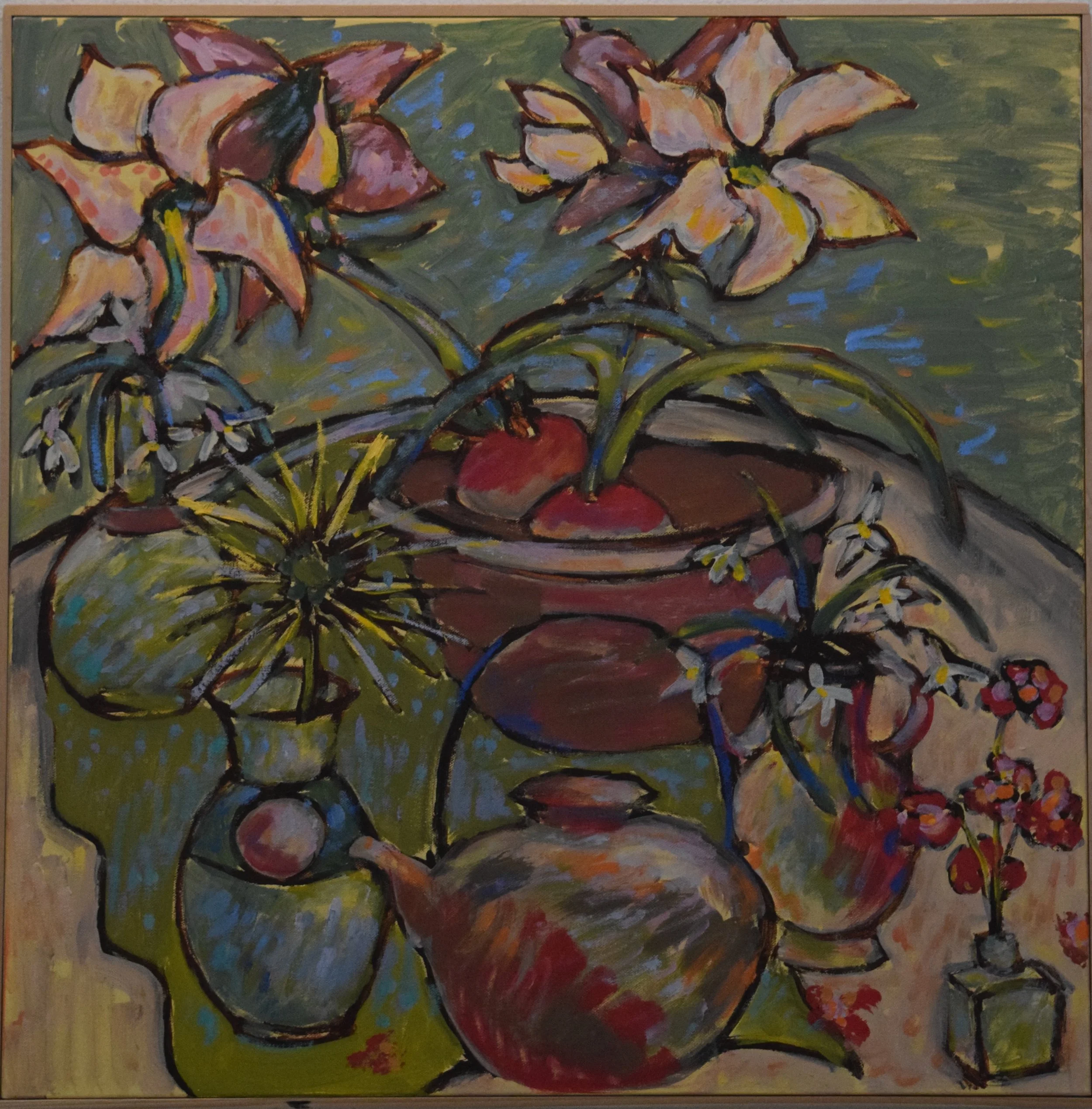 A colorful oil painting of a still life arrangement of various flowers in vases, with some flowers spilling onto the table, depicted with bold brushstrokes and vivid colors.