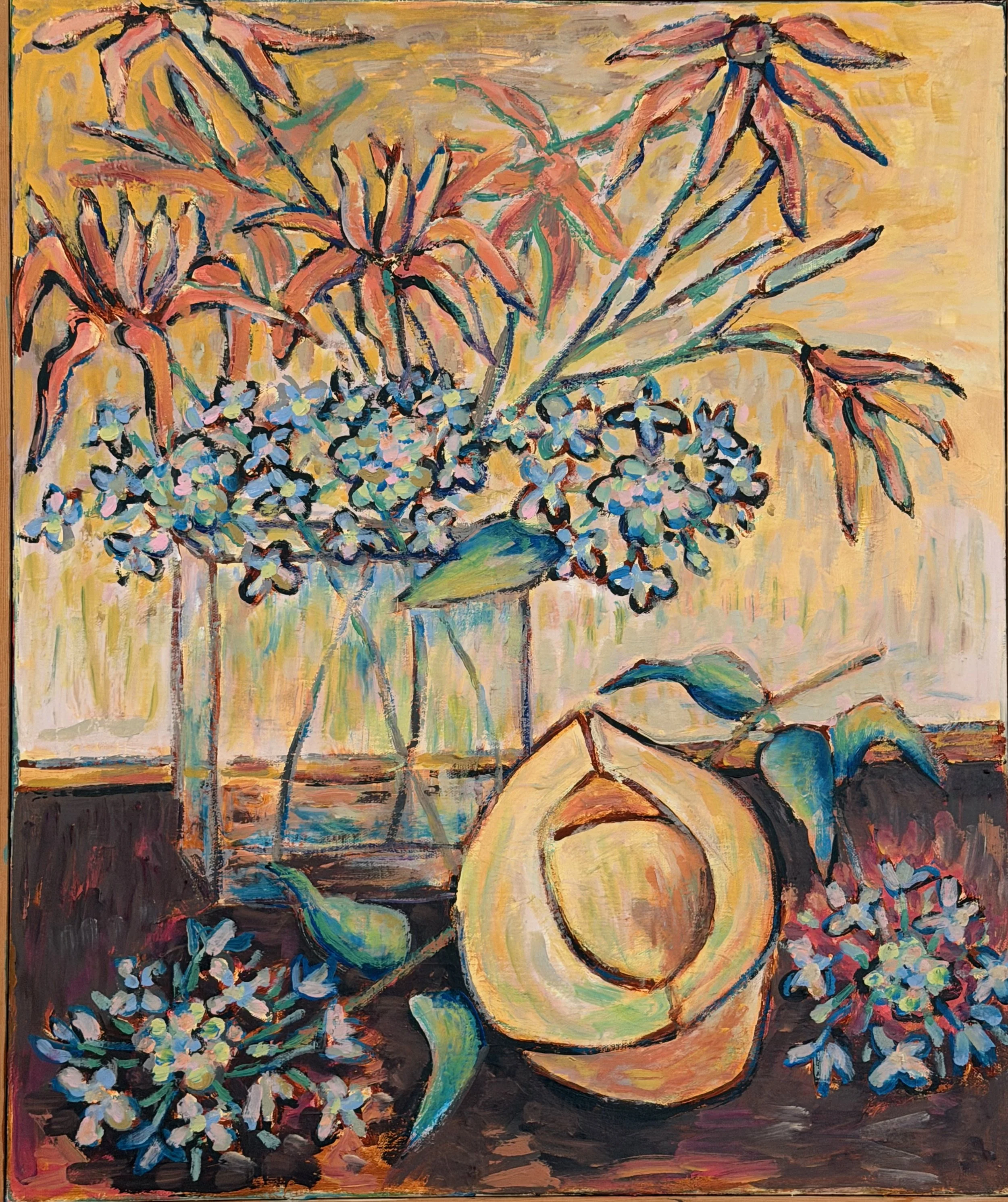 Oil painting of a still life with flowers in a vase, a hat, and foliage, using expressive brushstrokes and vibrant colors.