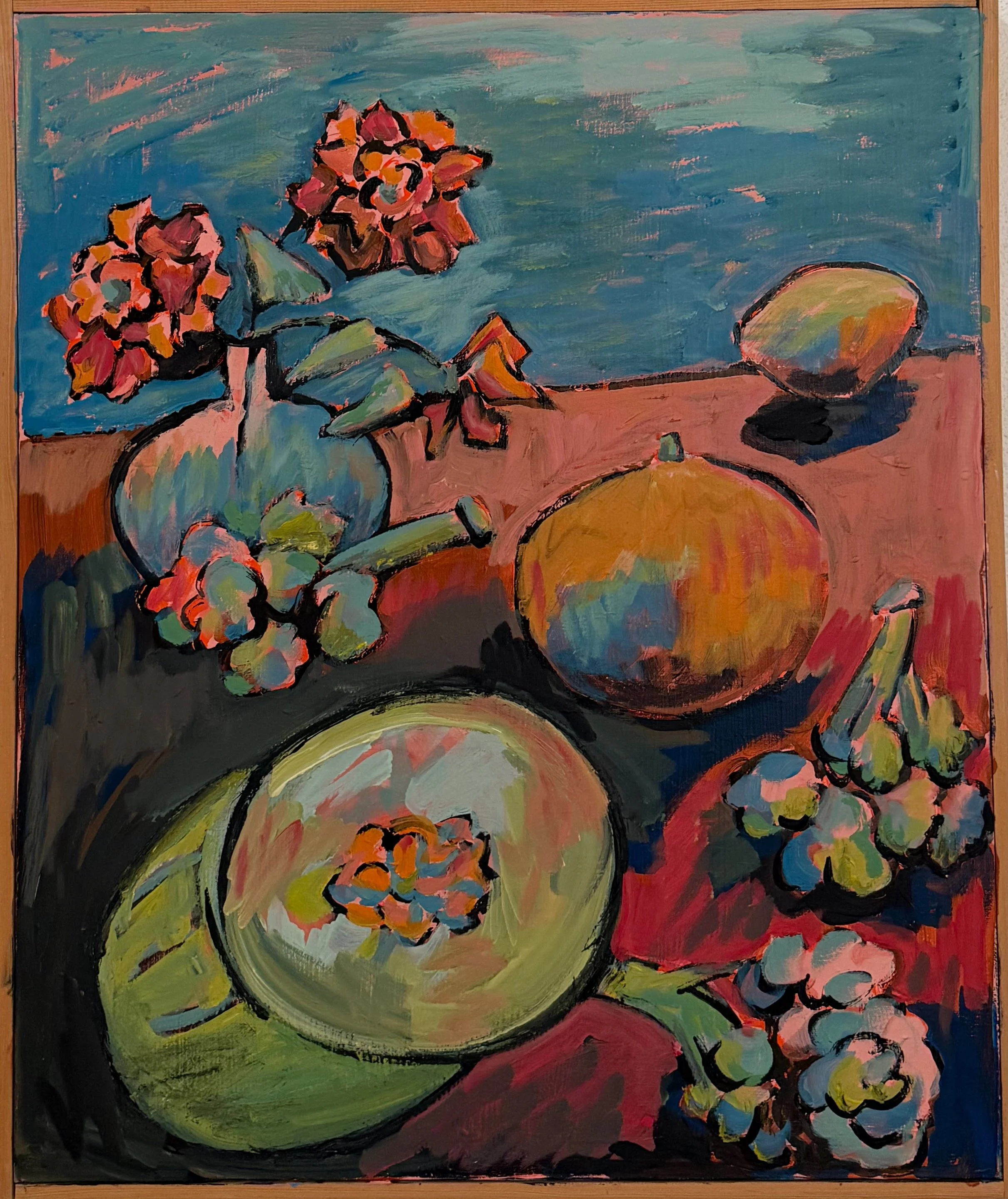 An abstract painting of a still life scene featuring two melons, a pumpkin, a bunch of grapes, and a wine bottle in a colorful, expressive style.
