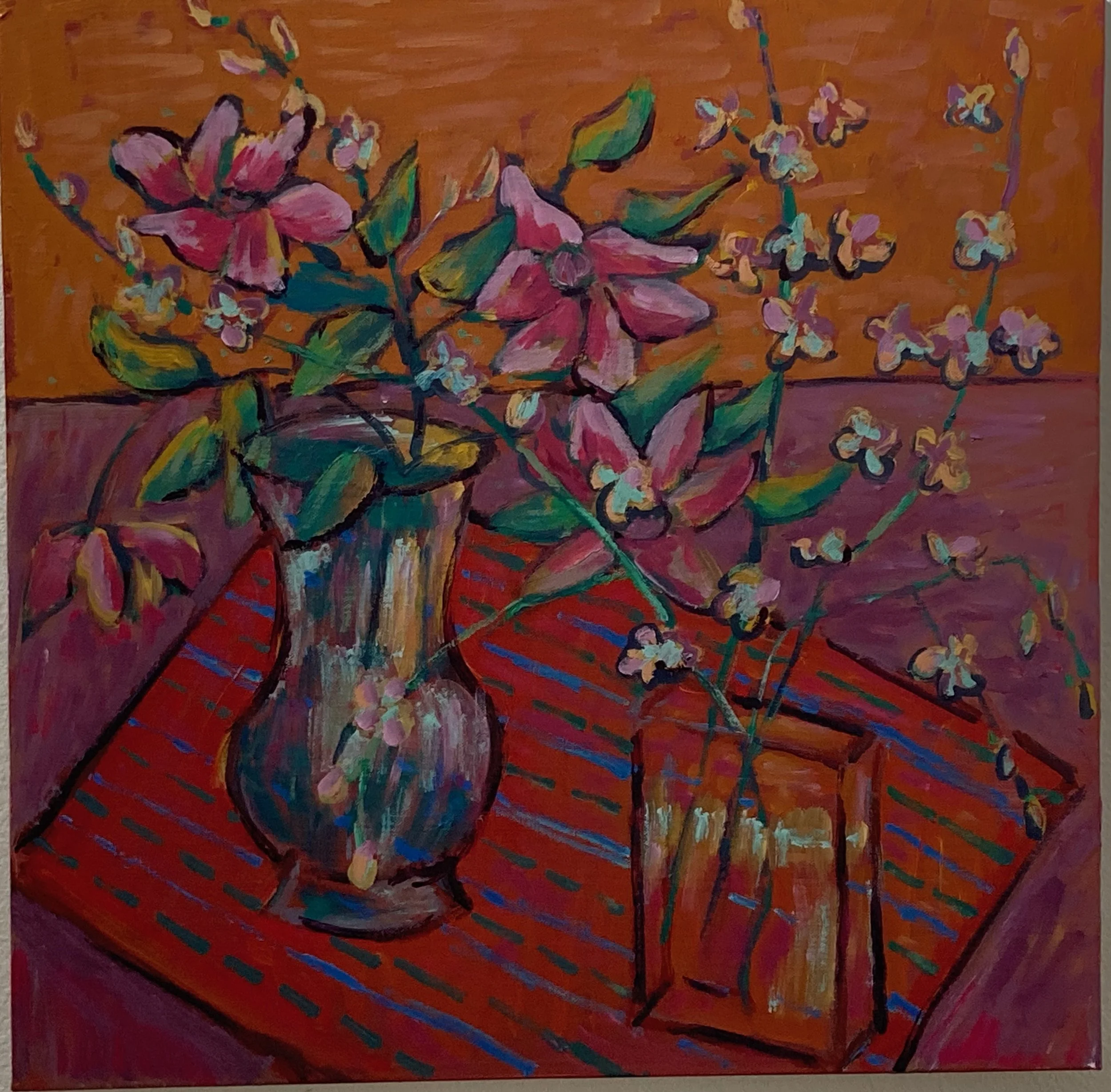 A colorful painting of a plant in a glass vase on a table, with a smaller glass container beside it. The background features warm tones of orange and purple.