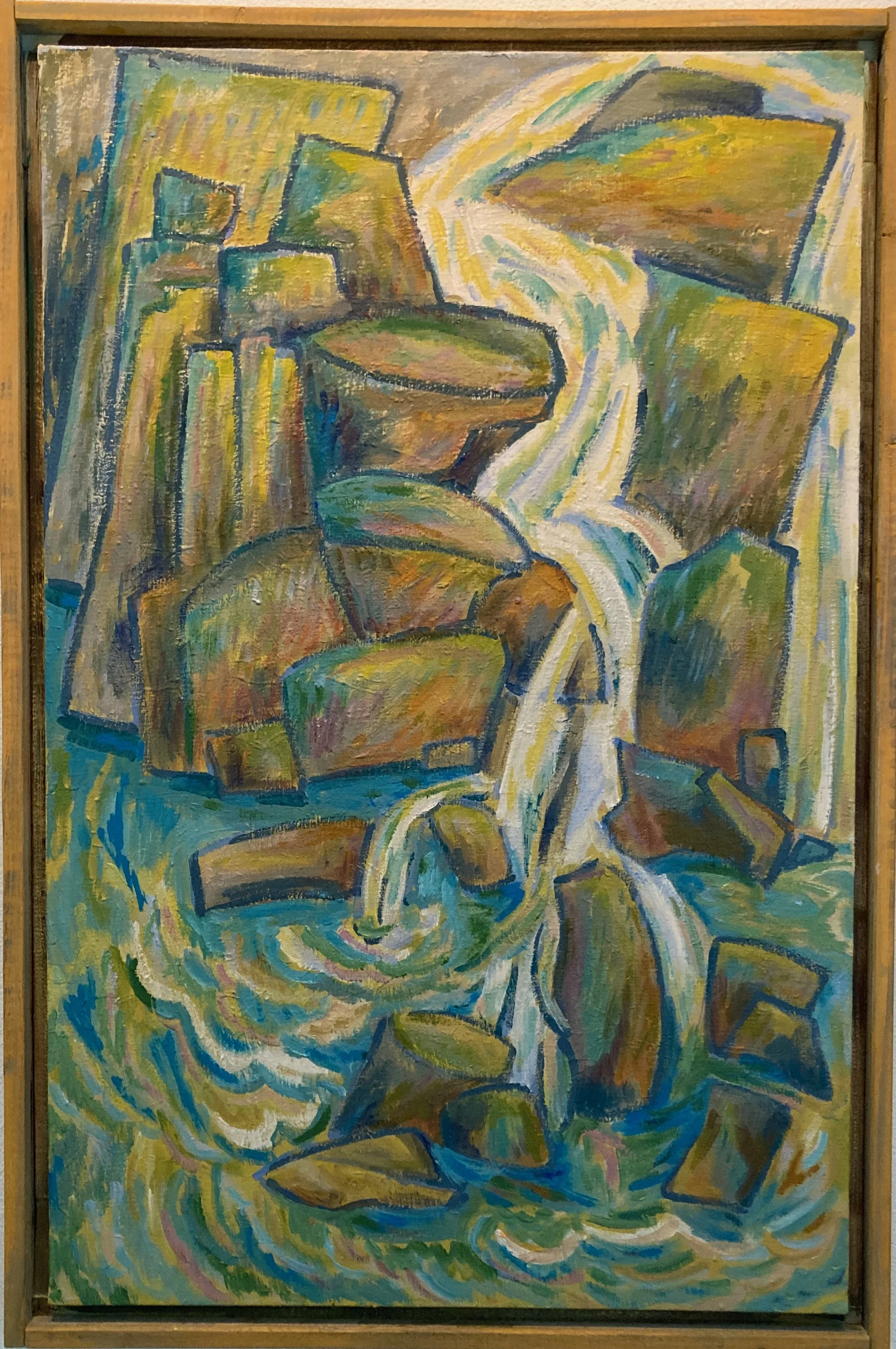 An abstract painting depicting a waterfall flowing over rocks and boulders in a landscape, rendered with bold brushstrokes in earthy tones of green, yellow, blue, and brown.