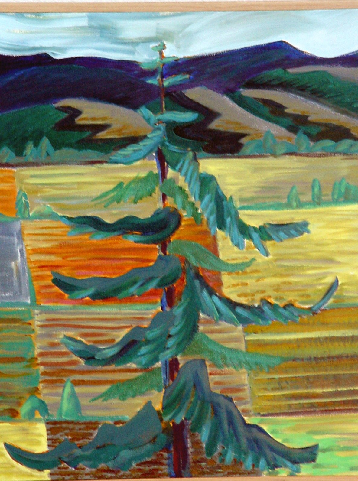 An abstract painting of a tree with green leaves and a brown trunk, set against a colorful landscape with hills and fields in shades of yellow, green, and blue.