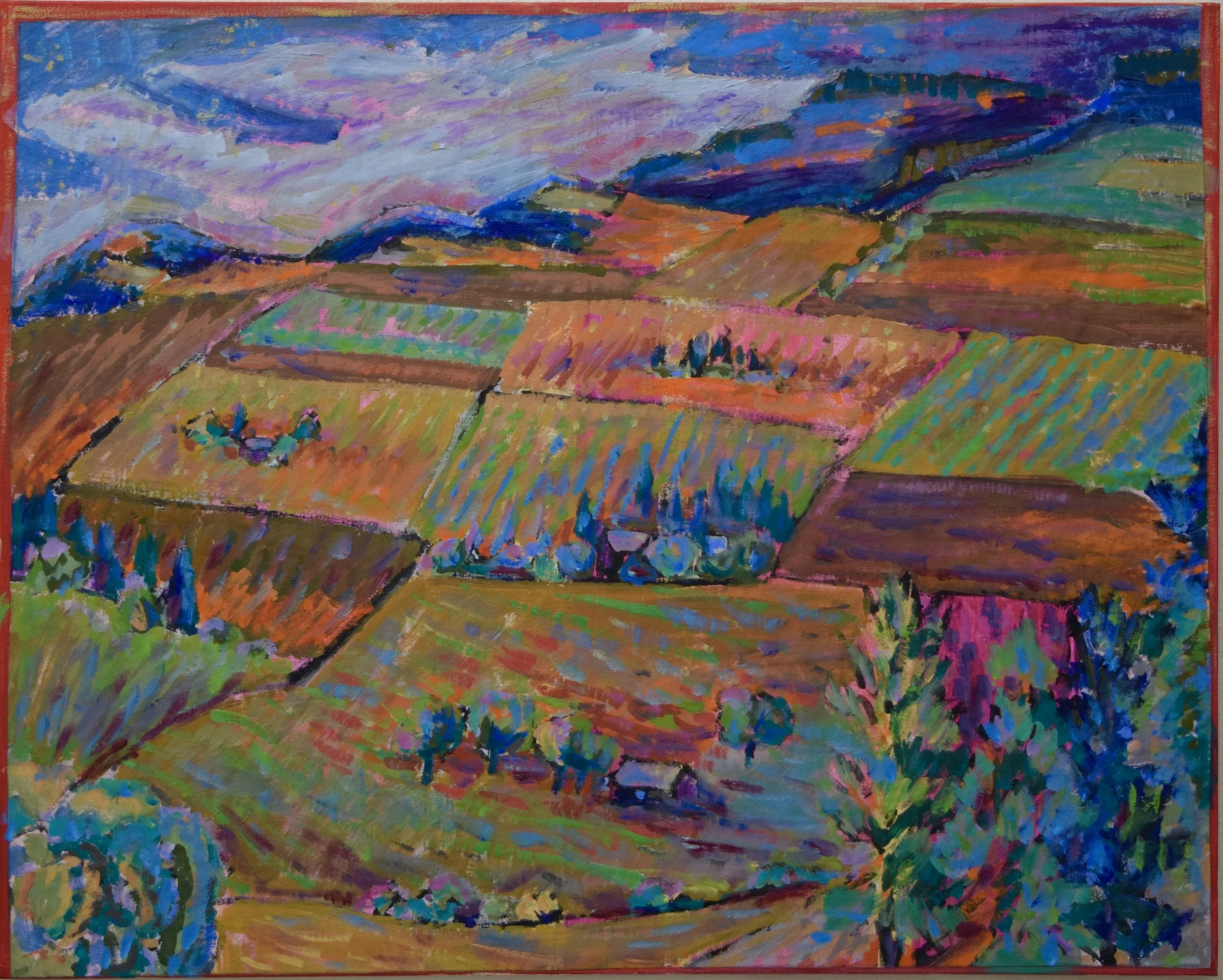 Colorful landscape painting of rolling hills, farmland, and distant mountains under a vibrant sky with purple, pink, and blue hues.